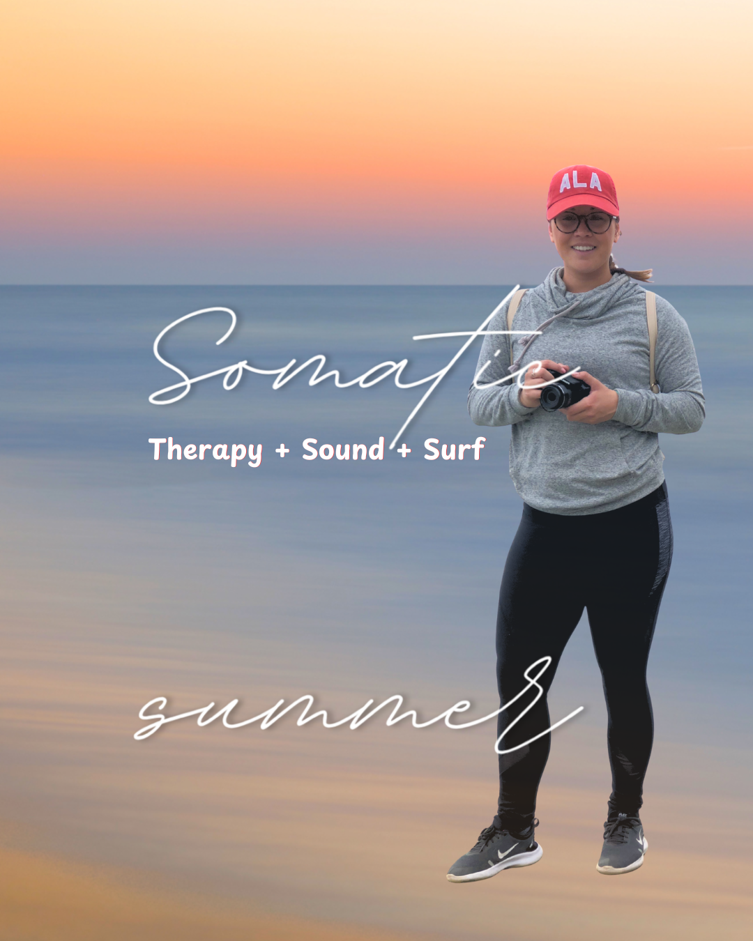 A woman in athletic clothing holding a camera stands on a beach during sunset or sunrise with the ocean in the background. Overlaid text reads 'Somatic Therapy + Sound + Surf summer.'