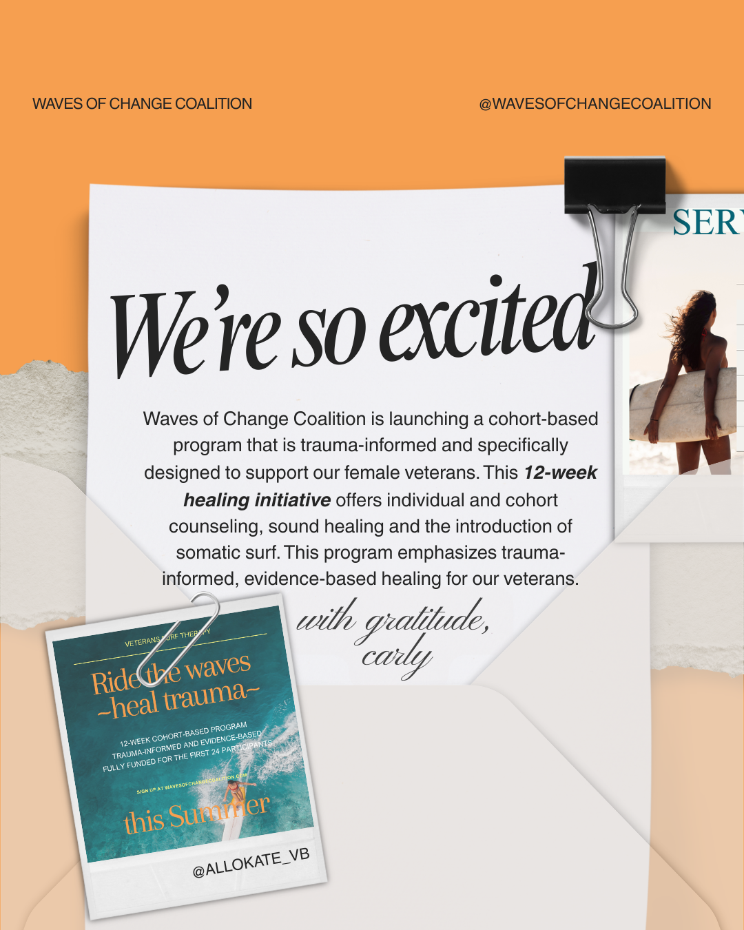 Announcement poster for Waves of Change Coalition: launching a trauma-informed program supporting female veterans through a 12-week healing initiative including counseling, sound healing, and somatic surf, with a polaroid-style flyer attached.