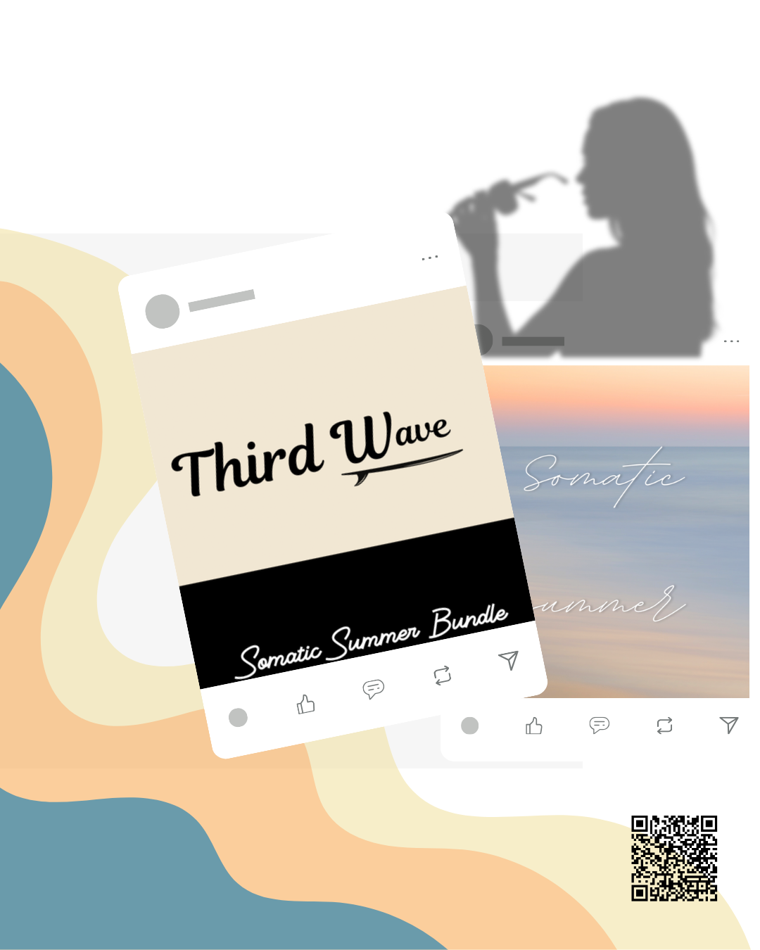 Digital collage featuring a semi-transparent overlay of a social media post titled 'Third Wave' from a 'Somatic Summer Bundle,' with a blurred background image of a woman in profile holding a microphone, and a landscape photograph of a sunset over water with the words 'Somatic Summer' written across it.
