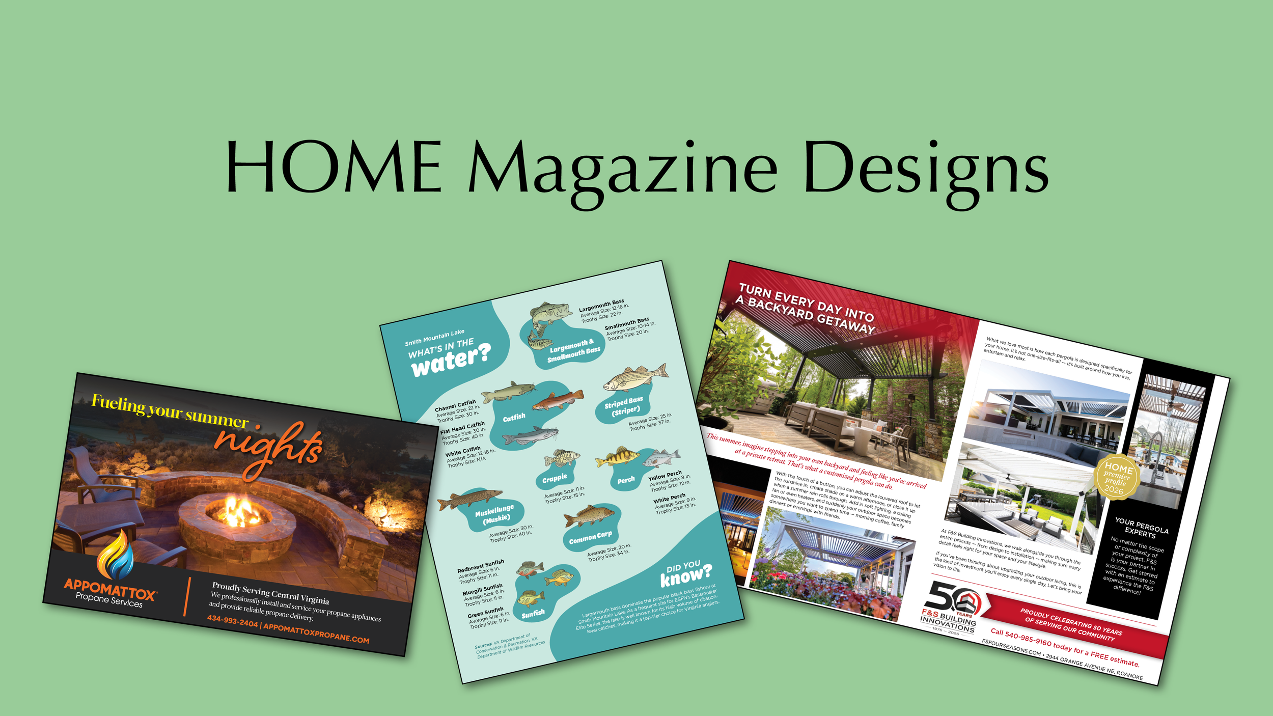 Magazine layouts, infographics, and ads