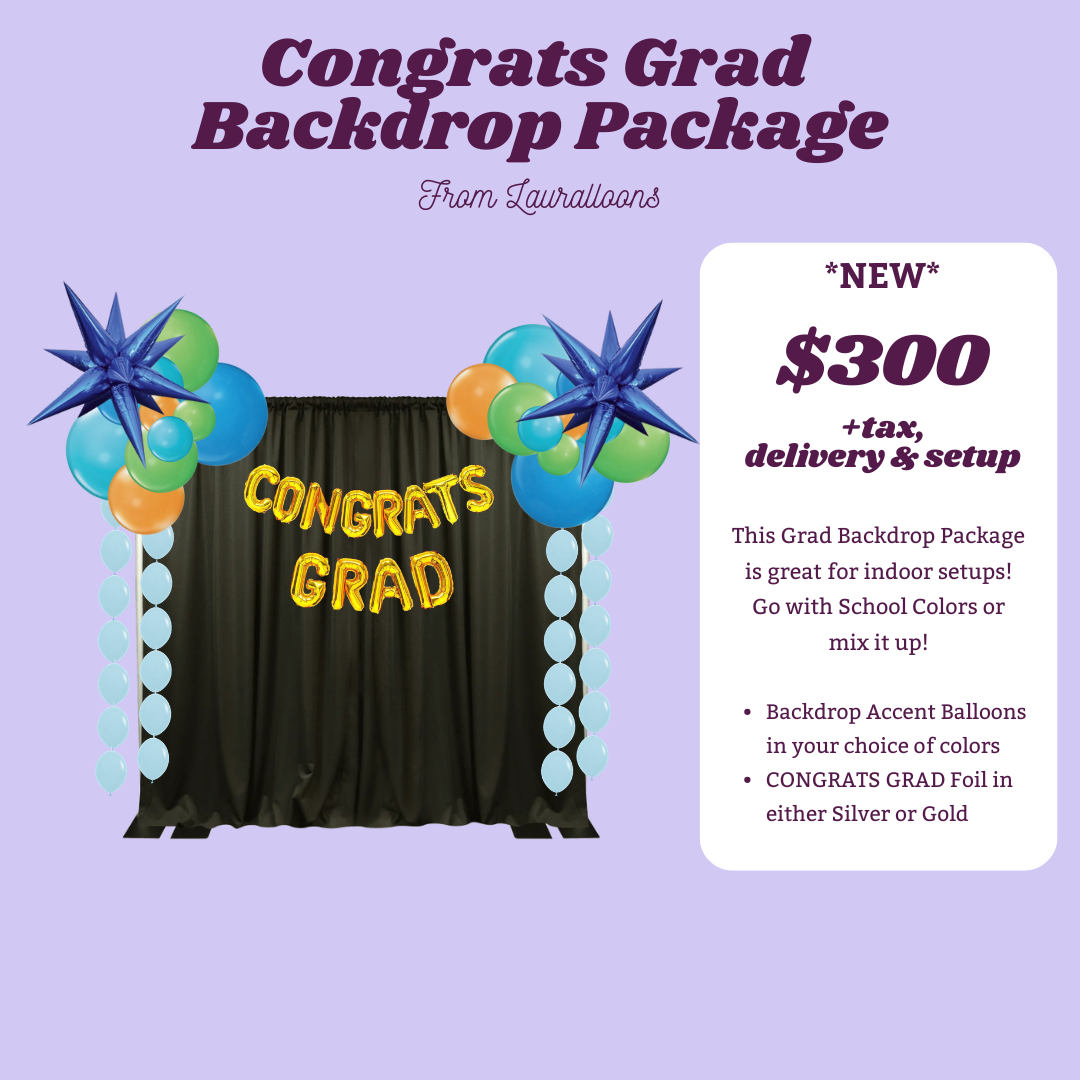 info graphic with balloon backdrop with "Congrats Grad" balloon foils with pricing and info