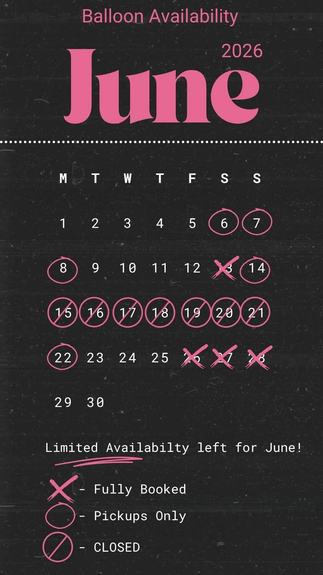 image of june 2026 calendar with days marked as either fully booked, pickups only, or closed