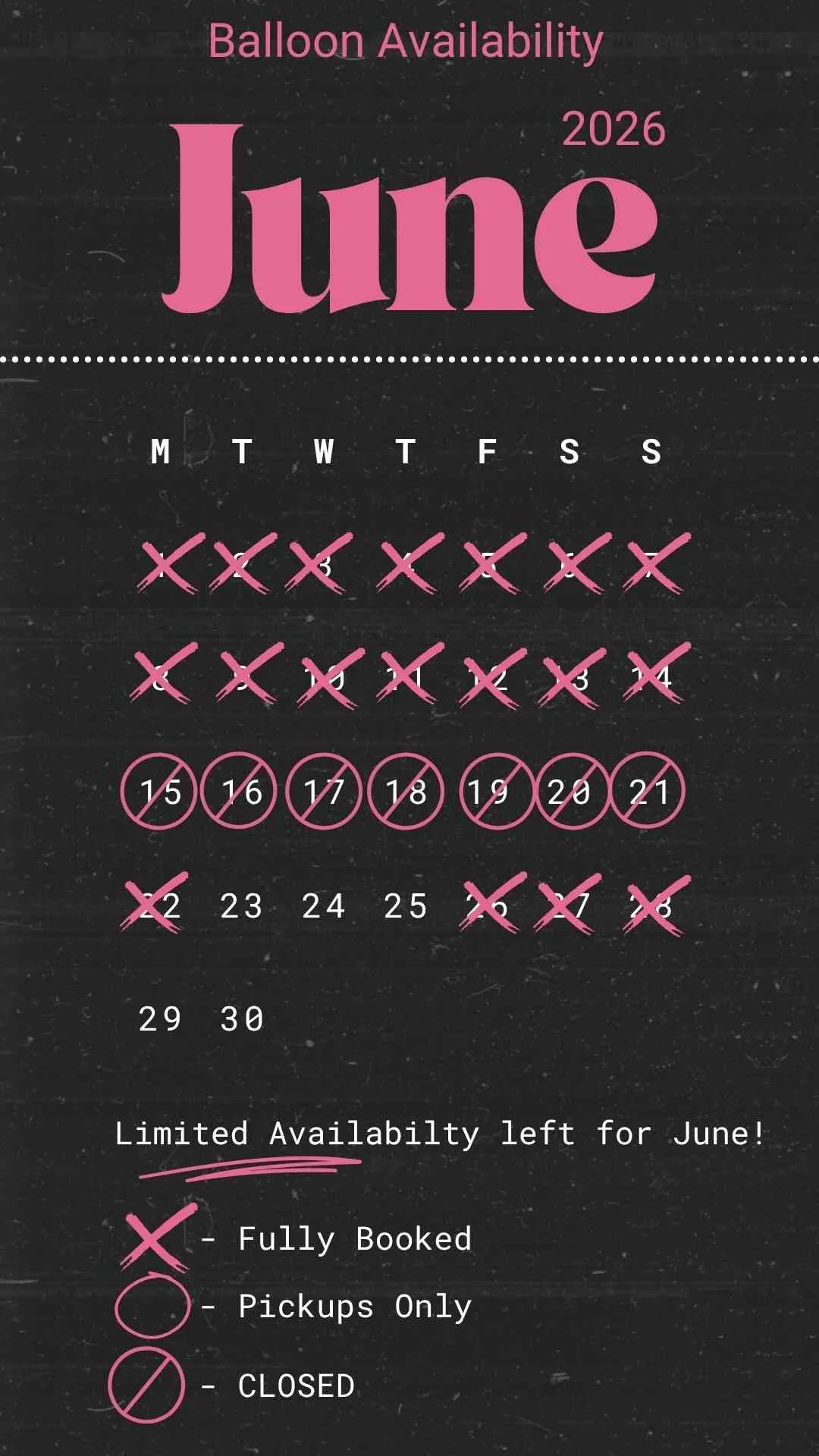 June 2026 calendar with most dates crossed off. very limited availability left in the month of June.