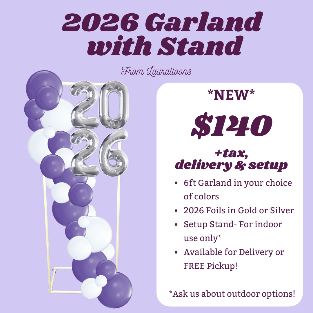 An info graphic showing a balloon garland in purple and white on a stand with foil balloon numbers "2026" with pricing and information