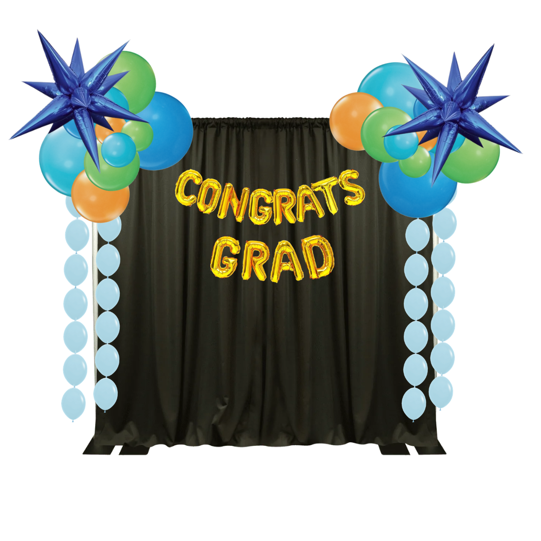 mockup of a graduation setup with a pipe and drape backdrop, accent balloons, and Foil "Congrats Grad" strung across