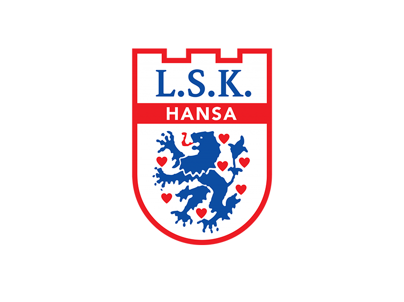 Das Bild zeigt ein Wappen mit einem blauen Löwen und roten Herzen, darüber der Text "L.S.K. HANSA" auf weißem Hintergrund mit roter Umrandung, an einem schwarzen und roten Hintergrund.