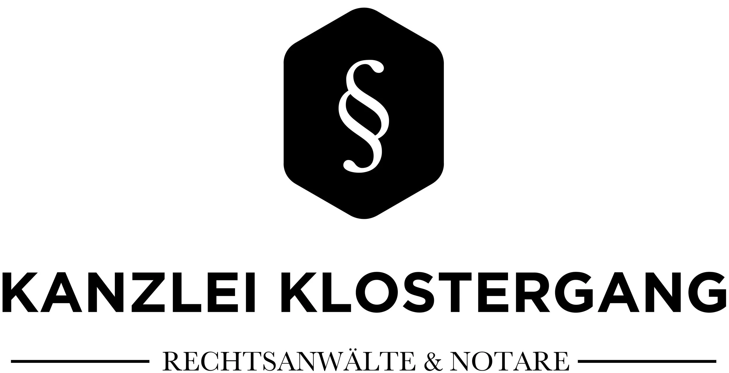 Logo einer Anwaltskanzlei mit schwarzem Abschnittszeichen in einem schwarzen Hexagon und dem Schriftzug 'KANZLEI KLOSTERGANG. RECHTSANWÄLTE & NOTARE' darunter.