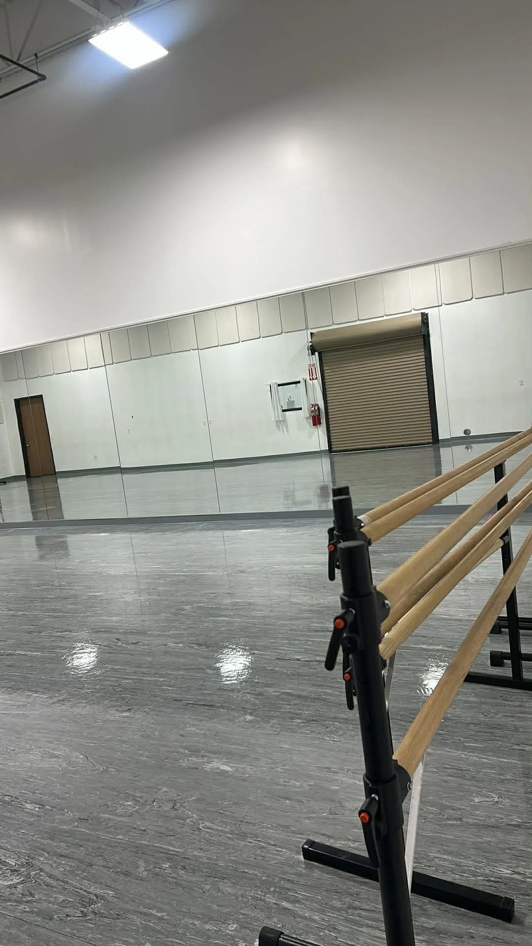 Empty dance studio with gray wooden flooring, wall mirrors, closed roll-up door, closed door to the left, mounted mailboxes, fire extinguisher, and ballet barres in the foreground.
