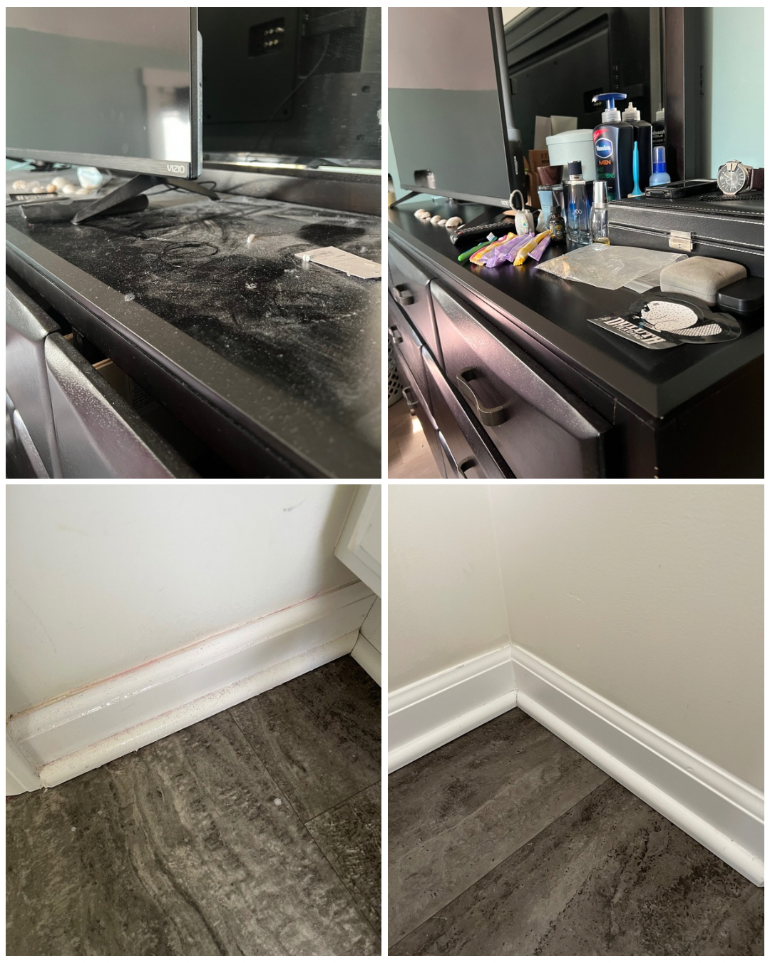 Before and after photos of a cleaned and renovated space: first two images show a dusty, cluttered black countertop with various items, and the after shows a clean, organized surface; the bottom two images show a dirty baseboard and wall corner befor