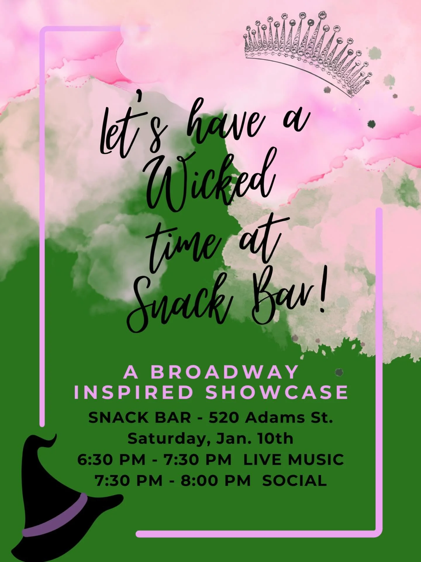 💚💖 Green &amp; Pink Night at Snack Bar 💖💚 A Broadway-inspired night you don&rsquo;t want to miss!

Join us for a special evening featuring live performances of songs inspired by a beloved green-and-pink Broadway musical &mdash; performed by two p