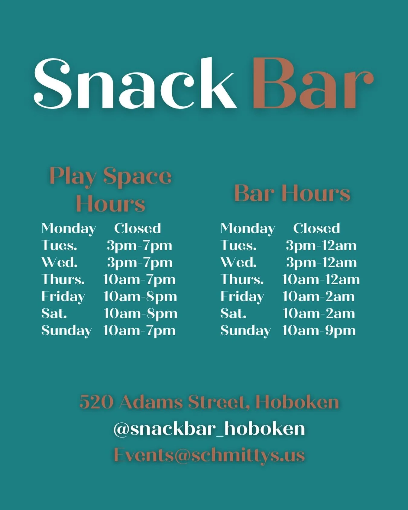 📣NEW HOURS AT SNACK BAR📣

Just a little update to make planning your visits easier!
Our bar area &amp; play space have updated hours, and we&rsquo;re excited to welcome you in!

Whether you&rsquo;re here for morning coffee + playtime, an afternoon 