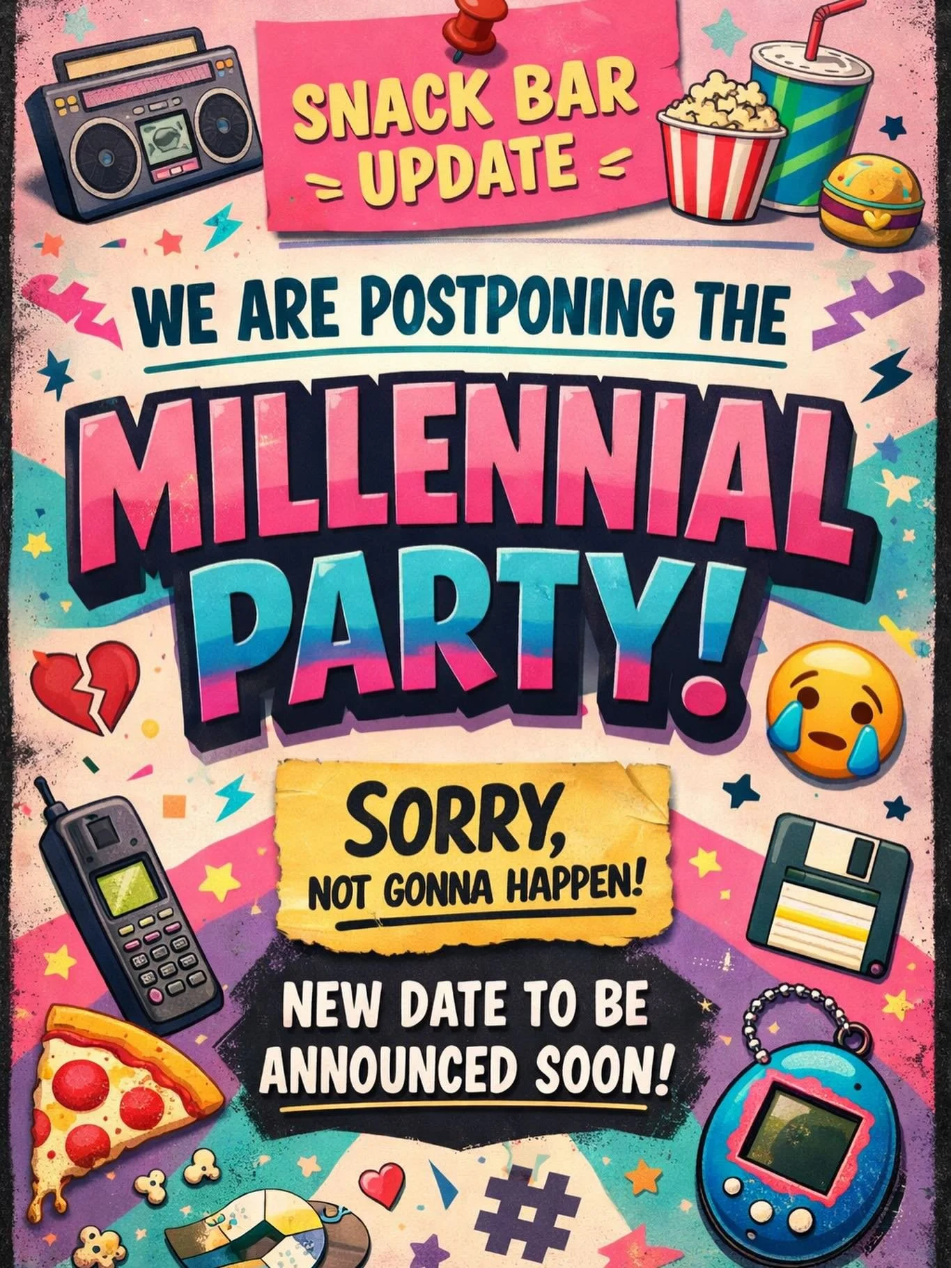 BRB 😅 The Millennial Party is getting rescheduled. Stay tuned and keep those throwback playlists ready.