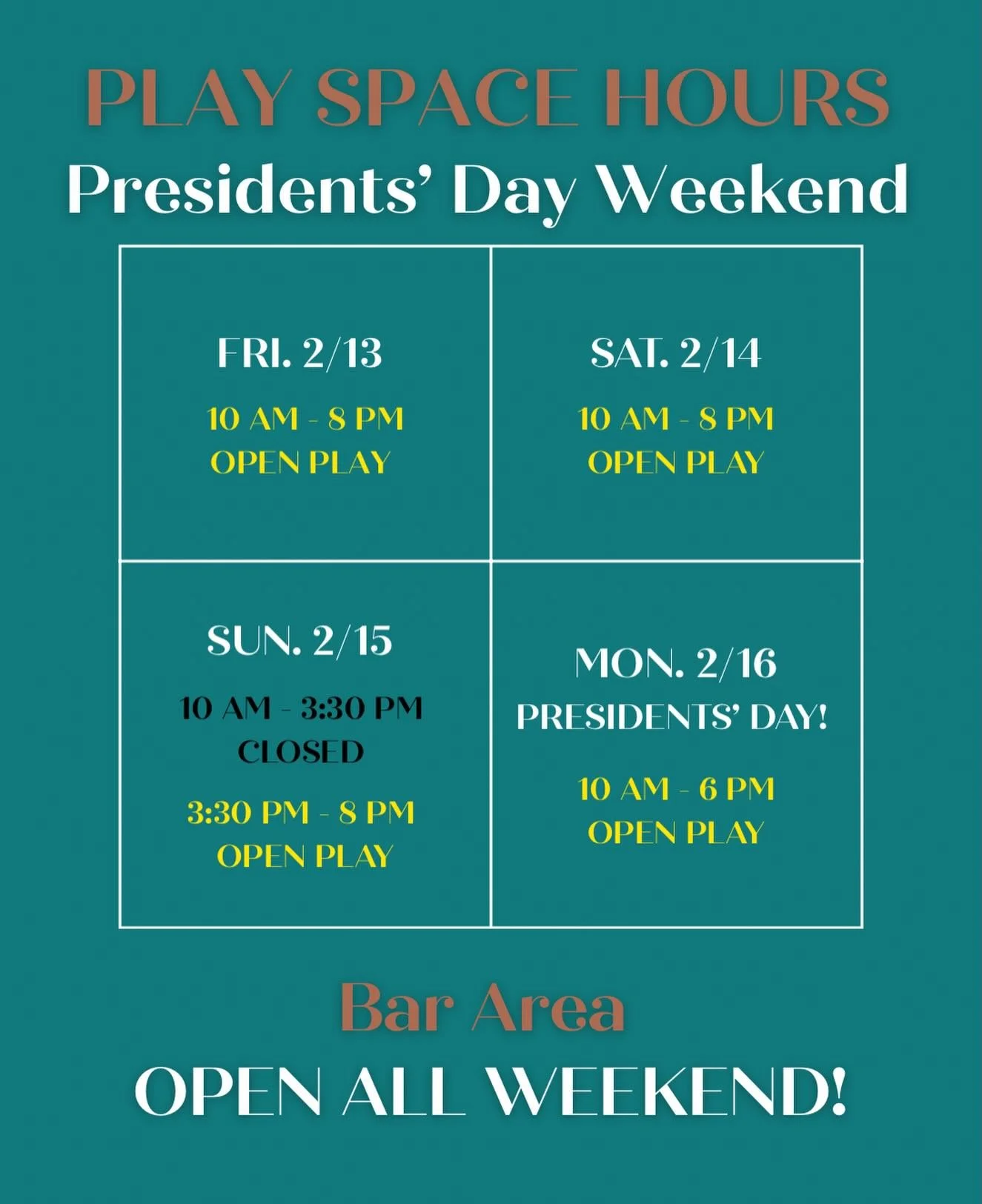 Presidents&rsquo; Day weekend is here and we&rsquo;ve got extra open play at Snack Bar! We heard you loud and clear, &amp; are opening MONDAY too! 👏 

Temps might be finally going up 🙌 but let&rsquo;s be real, it&rsquo;s still winter out there. So 