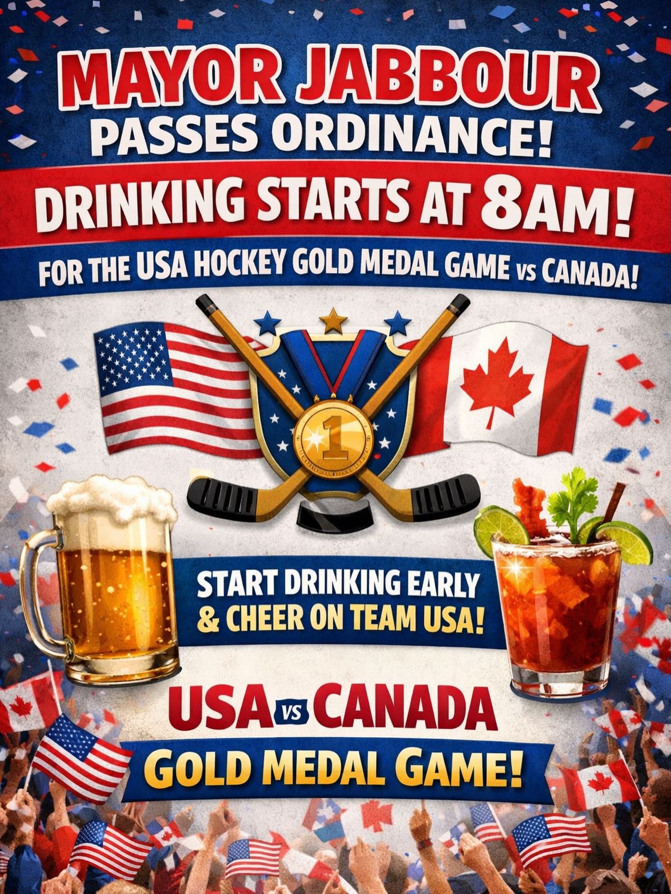 🇺🇸🏒 IT&rsquo;S OFFICIAL, HOBOKEN! 🏒🇺🇸

Mayor Jabbour has passed the ordinance &mdash; and drinking starts at 8AM for the USA vs. Canada Gold Medal Game! 🍻🔥

We&rsquo;re opening early so you can grab a beer, cocktail, and the best seat in the 