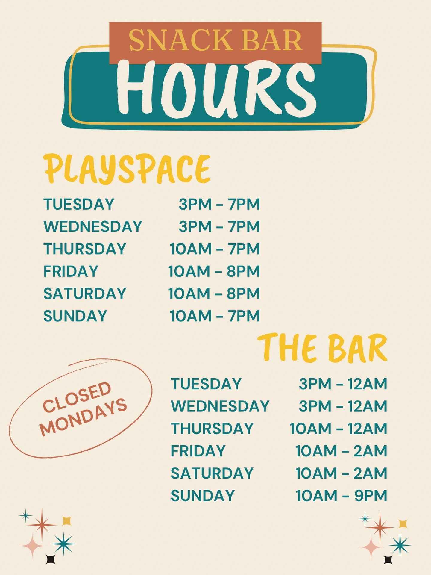 Find us here!

PLAYSPACE
Tue &amp; Wed: 3PM&ndash;7PM
Thu: 10AM&ndash;7PM
Fri &amp; Sat: 10AM&ndash;8PM
Sun: 10AM&ndash;7PM

THE BAR
Tue &amp; Wed: 3PM&ndash;12AM
Thu: 10AM&ndash;12AM
Fri &amp; Sat: 10AM&ndash;2AM
Sun: 10AM&ndash;9PM

Closed Mondays.