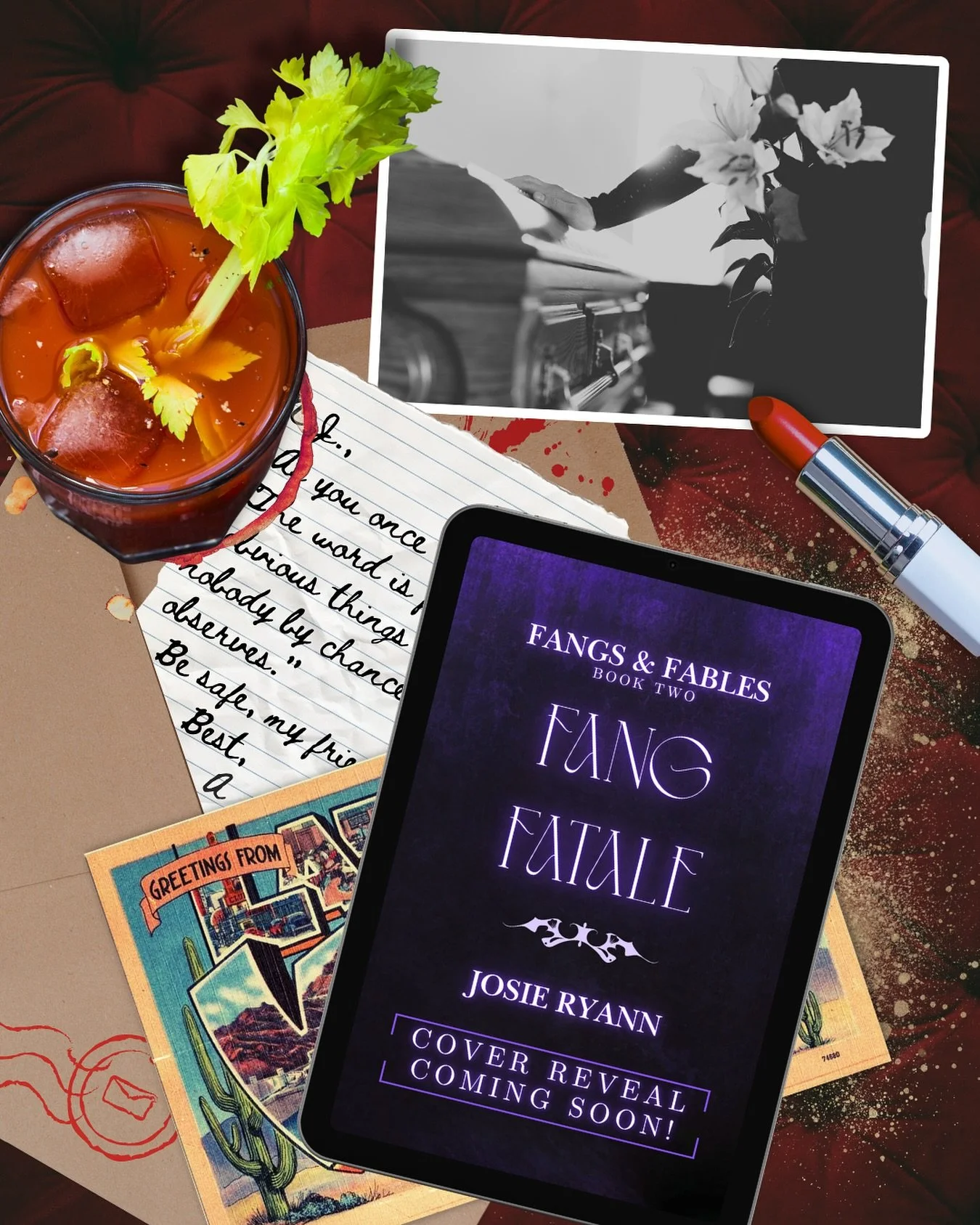 ✨ TITLE REVEAL! ✨

I can finally confirm the title of the next book in the Fangs &amp; Fables series will be FANG FATALE!

To celebrate the title, here&rsquo;s a sneak peek at the coming chaos: an empty casket, scorching desert sands, and a bloody ma