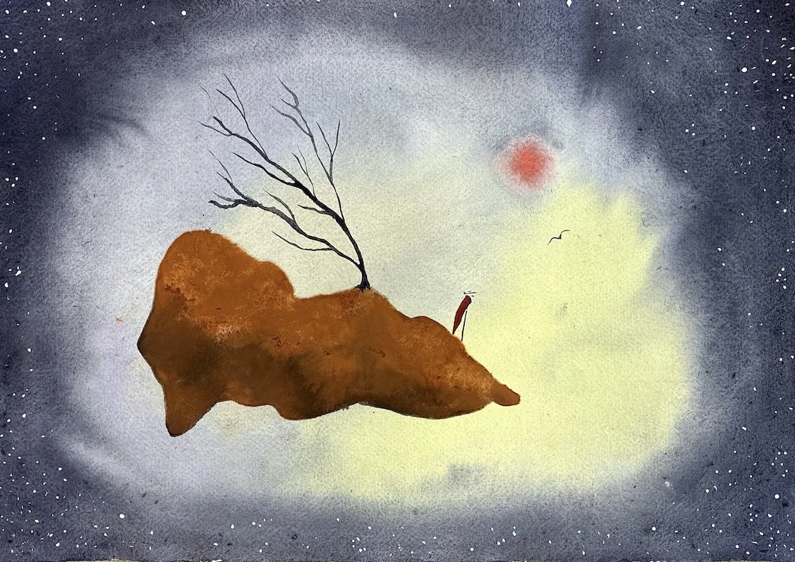 'Monk Alone' 60cm x 42cm: Botanic & mineral inks on handmade Indian paper: Framed