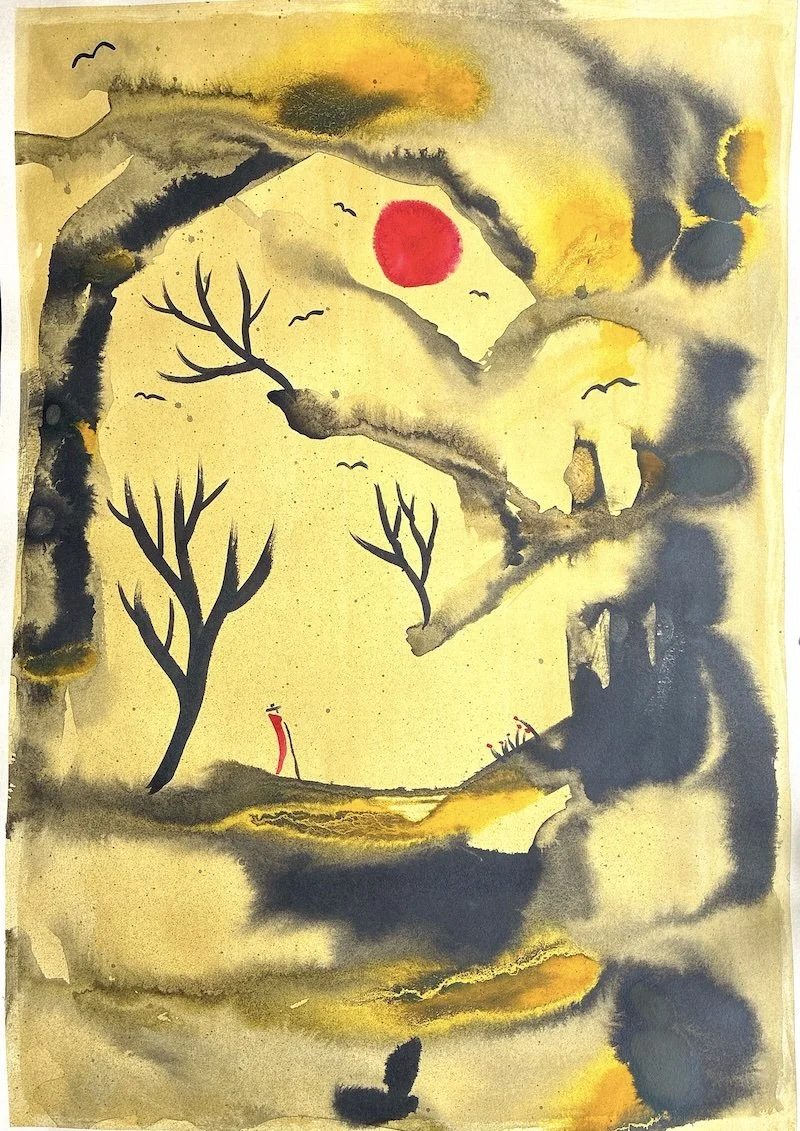 'Monk at the Lake': 42cm x 60cm: Ink on paper. Framed