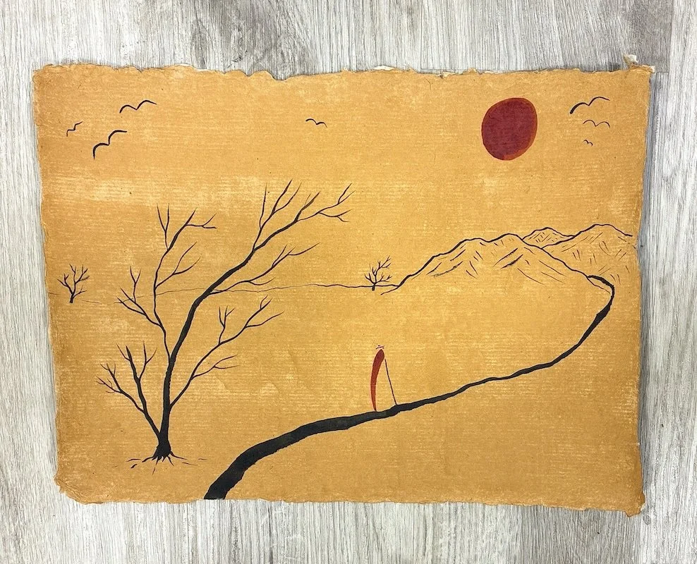 'Monk in the Mountains of Bhutan': 31cm x 42cm: Ink on handmade paper from Bhutan: Framed