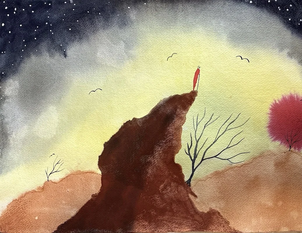 'Monk on the Mountain': 60cm x 42cm: Botanic & Mineral Inks on handmade paper: Framed