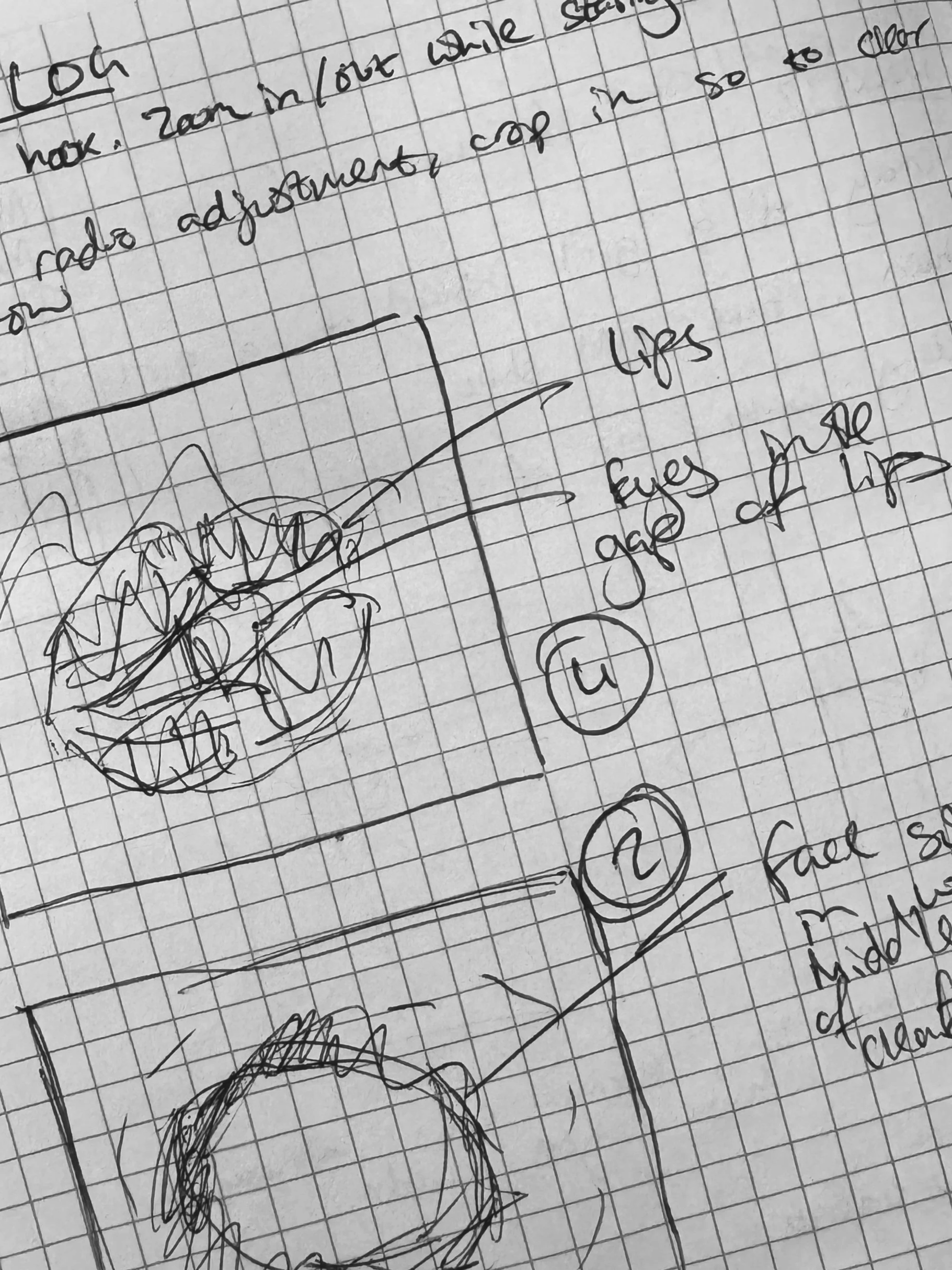 Handwritten notes on graph paper with sketches of a face, labeled 'Lips', 'Eyes', and 'Face', with numbered sections and annotations.