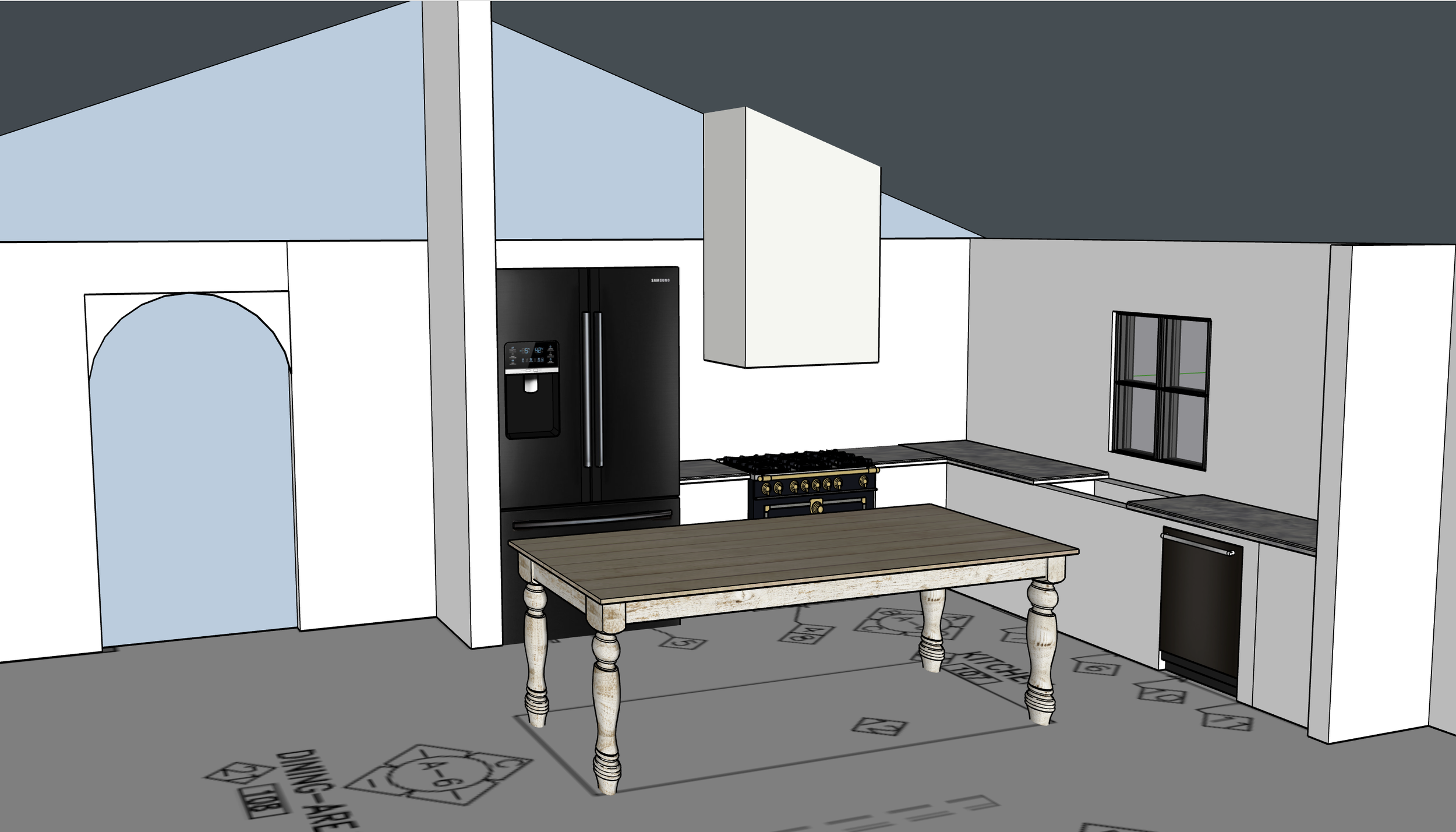 3D rendering of a modern kitchen with black appliances, white cabinetry, a wooden table, and a window on the wall.