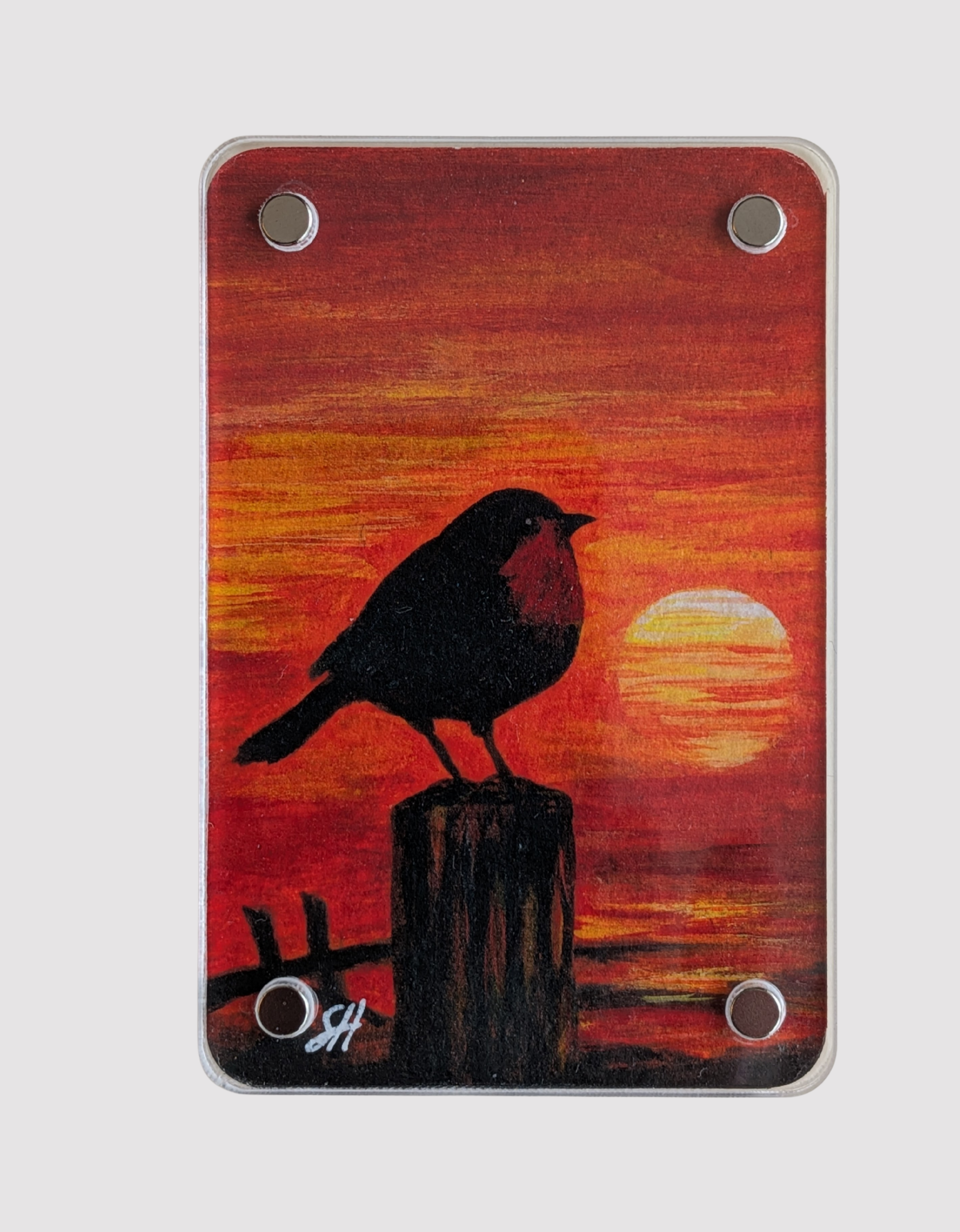 Sunset Silhouette Robin on Post - Mini Fine Art Magnet (Limited to 50)