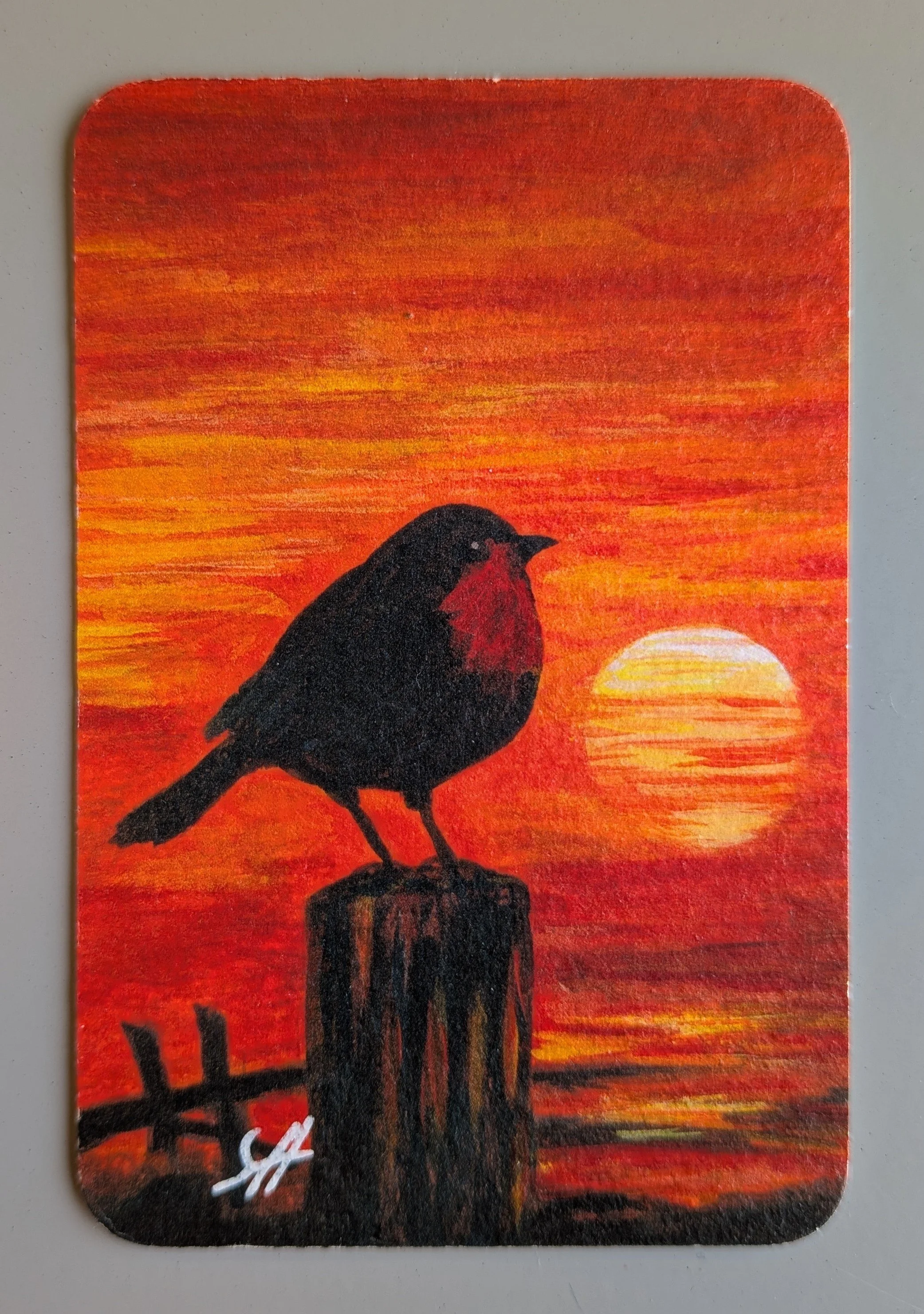 Sunset Silhouette Robin on Post Mini Art Magnet (Limited to 50)
