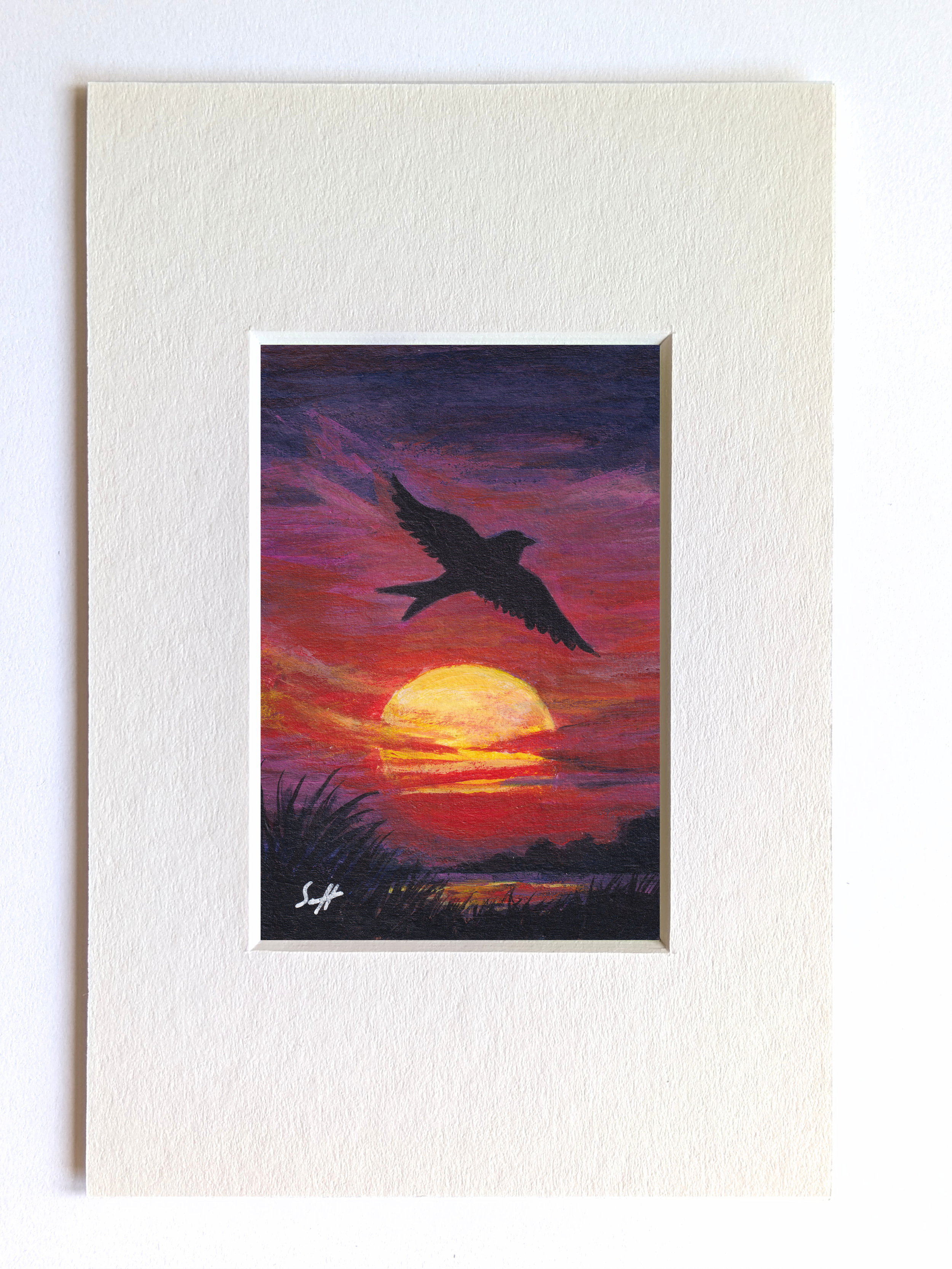Sunset Silhouette Swallow Miniature Fine Art Painting