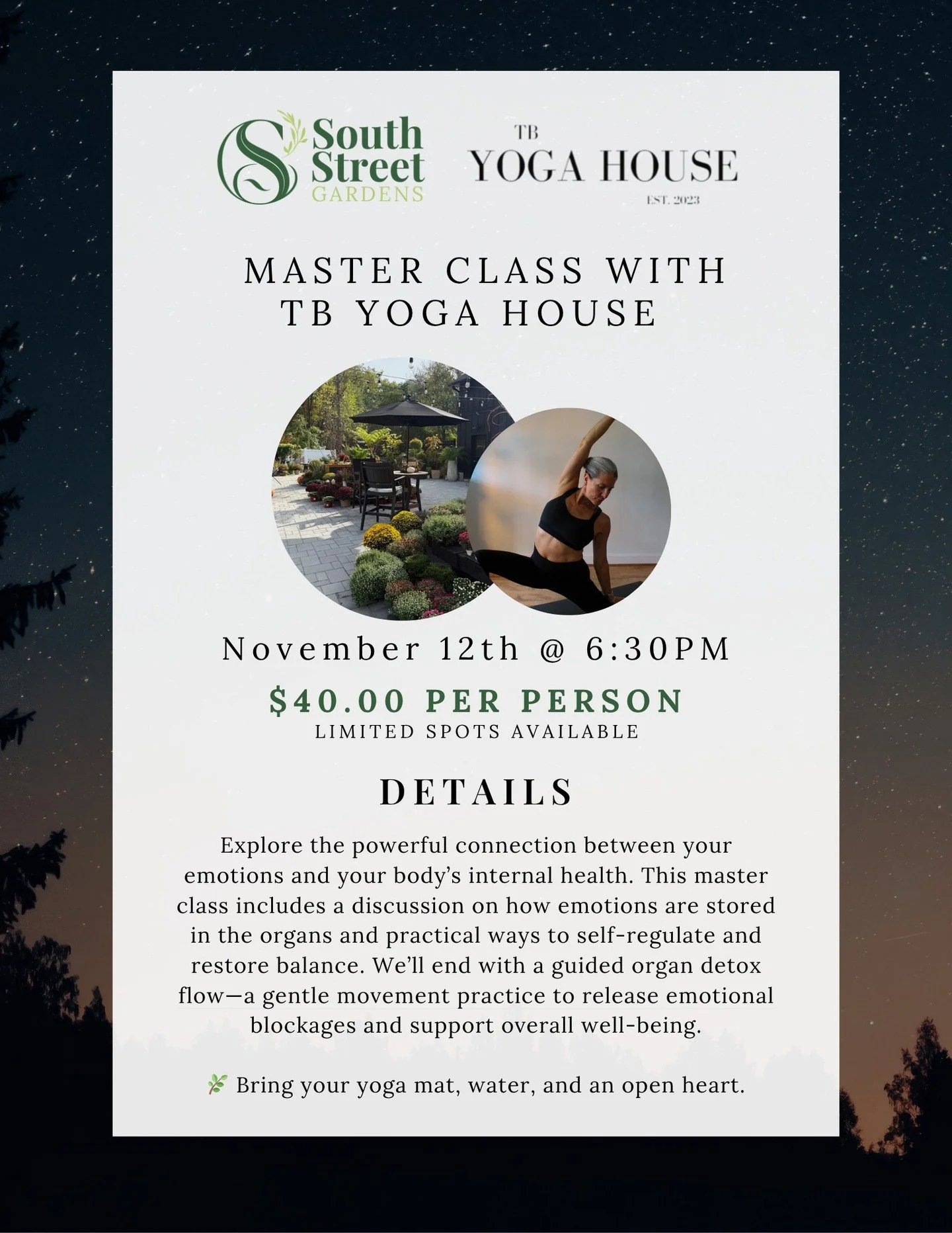 Join us Wednesday, November 12th for a transformative master class exploring the deep connection between your emotions and your body&rsquo;s inner world. This master class is led by Tara Bernie from TB Yoga House!

We&rsquo;ll close with a guided org
