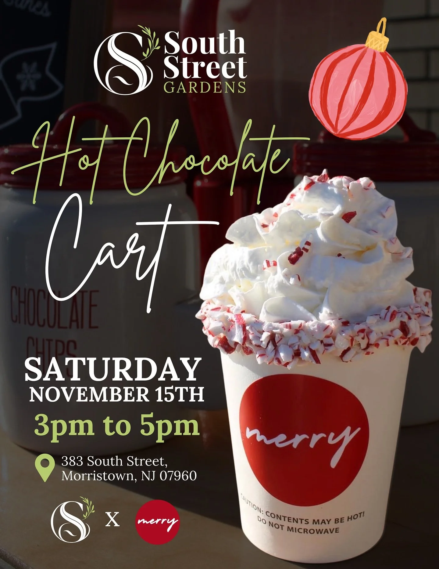 Sip, smile, and stay cozy at South Street Gardens ☕✨
Join us Saturday, November 15th from 3&ndash;5 PM for a Hot Chocolate Cart done by @merryhotcocoa

Grab a cup topped with festive fixings, explore the holiday displays, and soak in the holiday chee