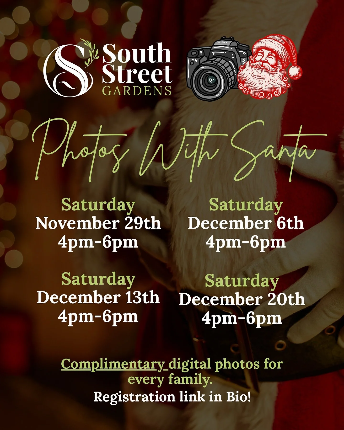 Santa is coming to South Street Gardens and the gardens are turning into a full winter wonderland ❄️🎄 Come soak in the magic, visit Santa🎅🏼, and enjoy a complimentary professional digital photo for your family. Fresh cut Christmas trees, ornaments