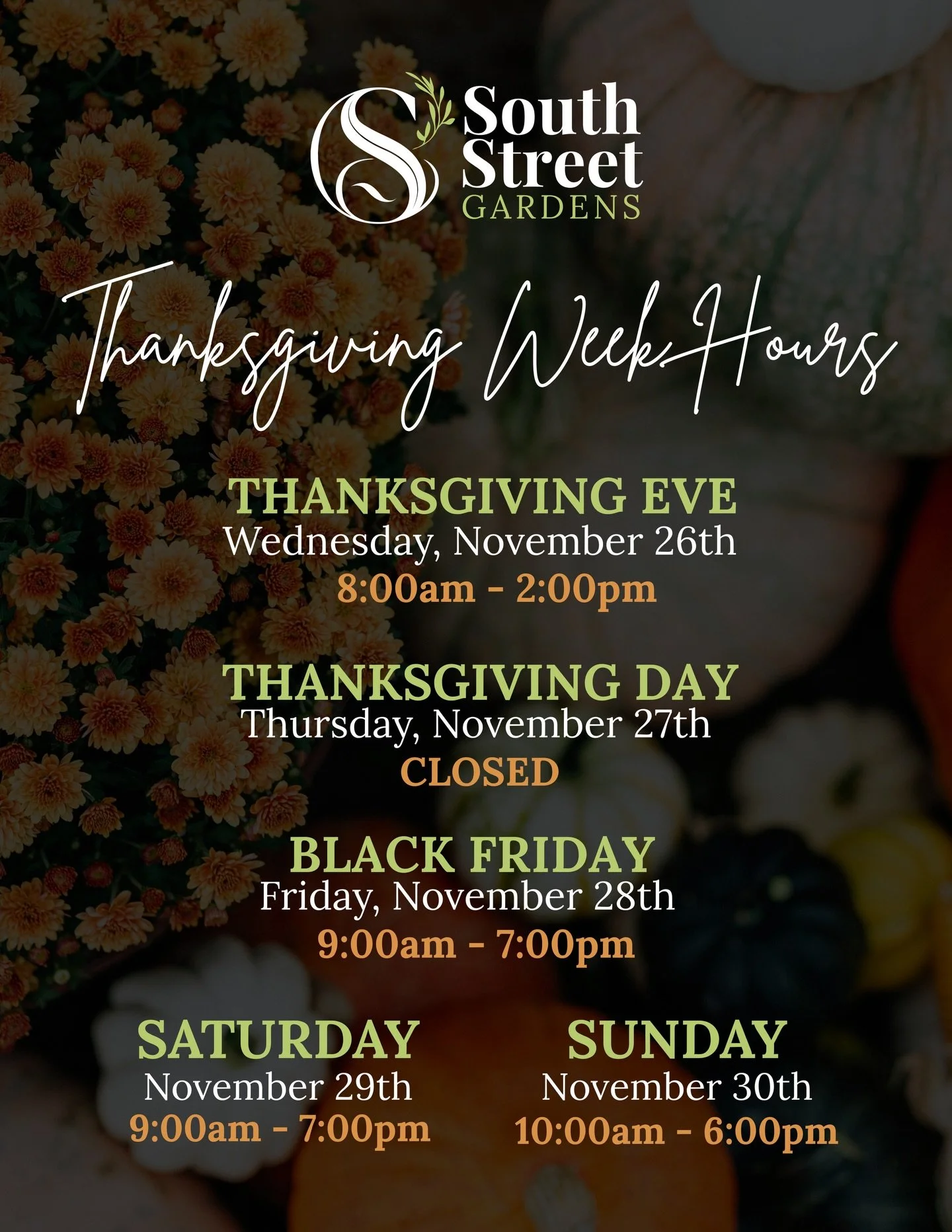 Thanksgiving week is here 🍂 We will be open on Thanksgiving Eve from 8:00am to 2:00pm, closed on Thanksgiving Day, and open all weekend long with extended hours for Black Friday and the days that follow. Stop in for holiday greens, centerpieces, tre