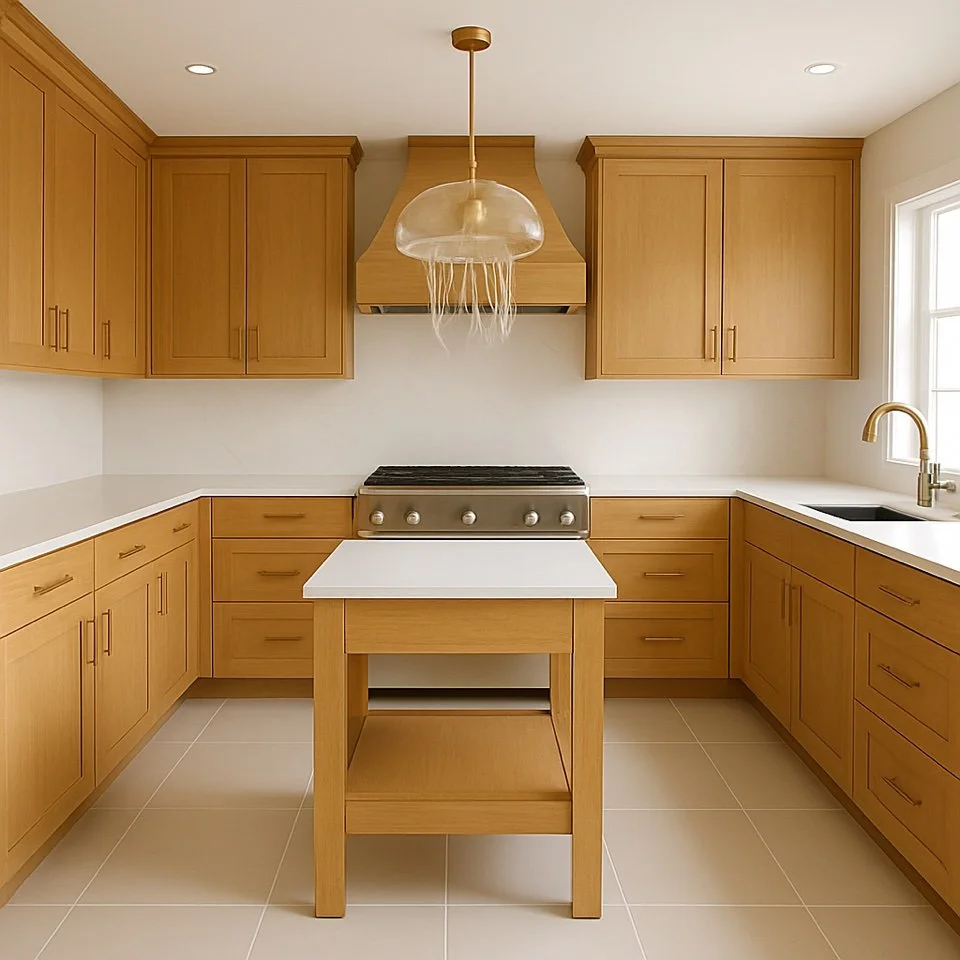 Finished kitchen remodel with wood cabinets, island, and pendant lighting