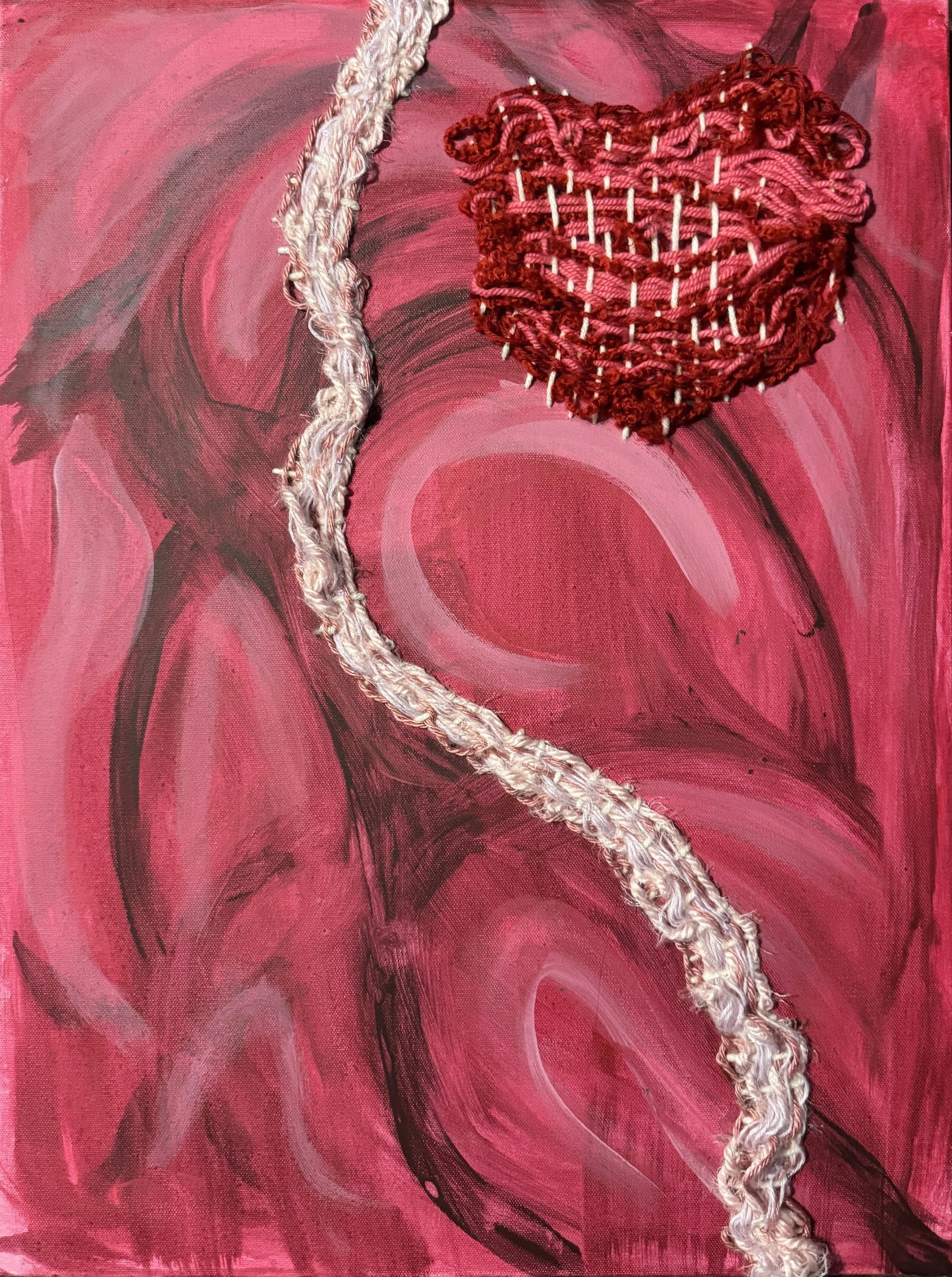 Stone-hearted.
Acrylic and loom weaving on canvas.
2025.
18 by 24 inches