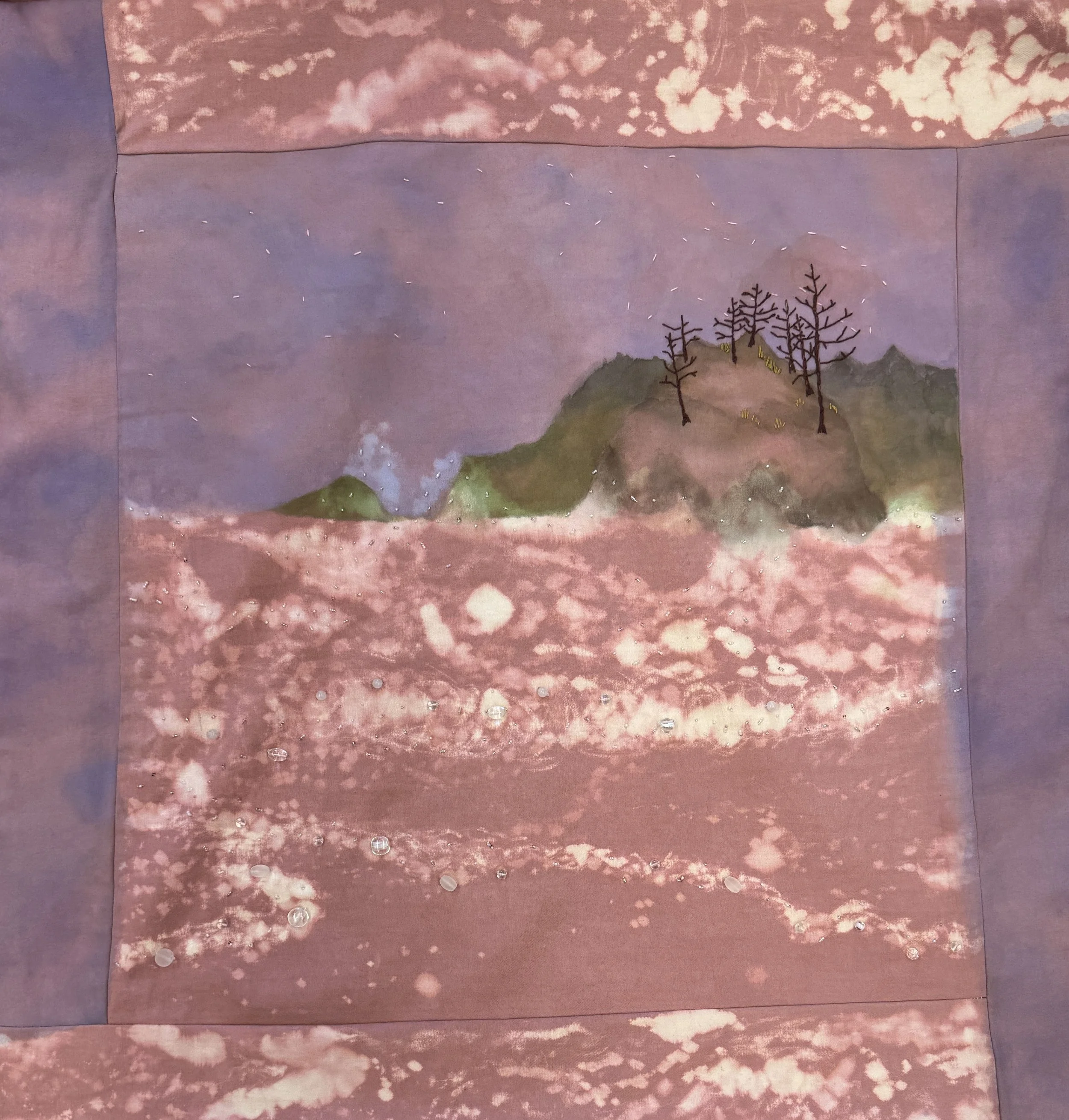Time is a funny thing.
bleach, acrylic, embroidery, glass beading on denim
mounted on driftwood.
2025.
35.5 by 34.25 inches