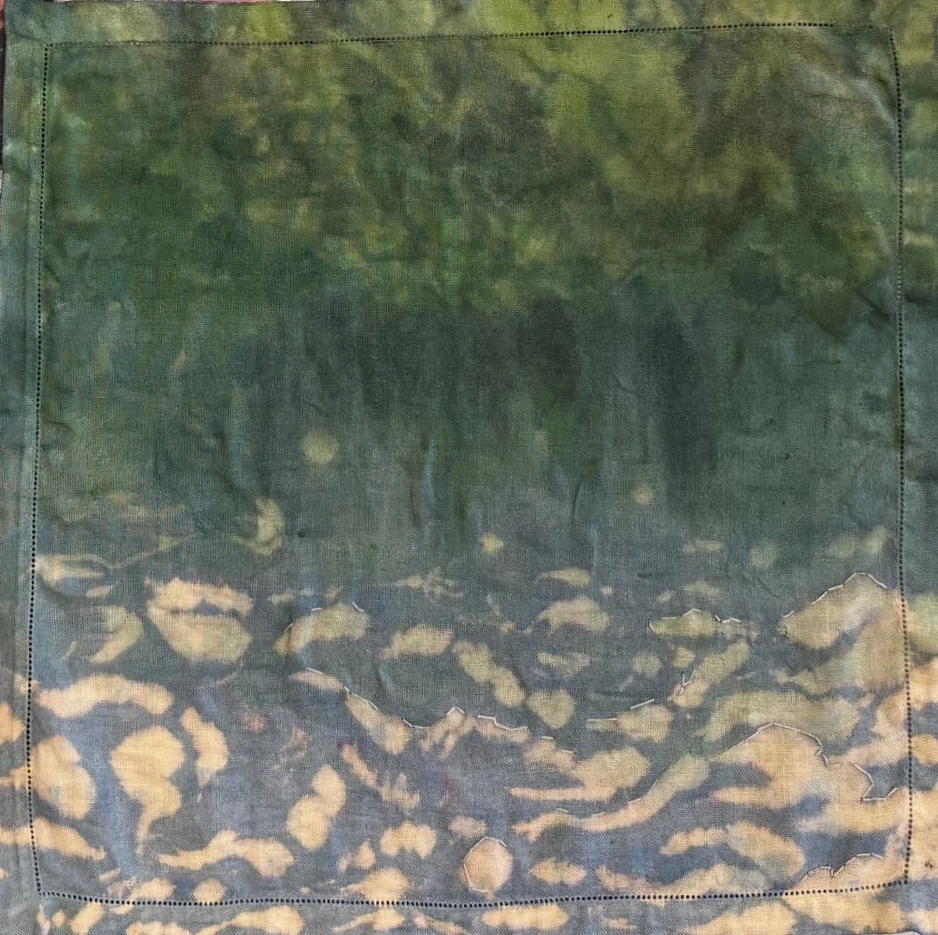 In weathered silence I think of you. 4
bleach, dye, acrylic, embroidery
on cloth napkins.
2025.
16 by 16 inches