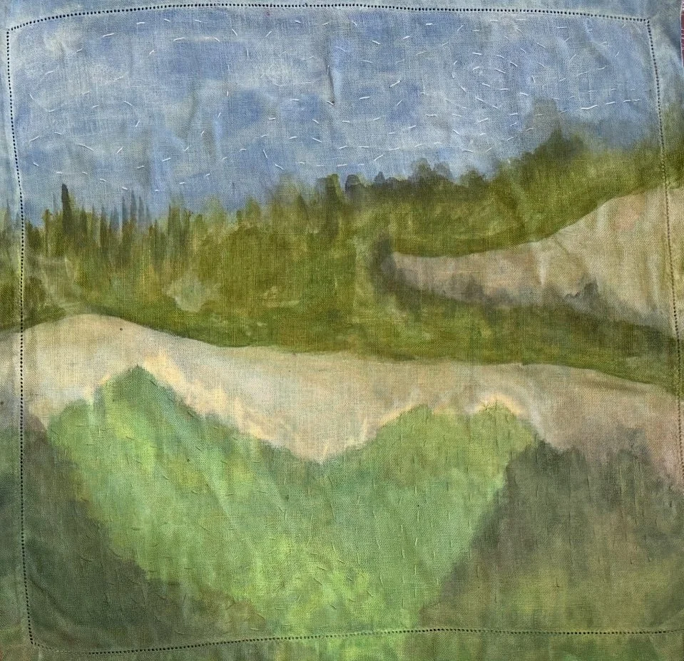 In weathered silence I think of you. 2
bleach, dye, acrylic, embroidery
on cloth napkins.
2025.
16 by 16 inches