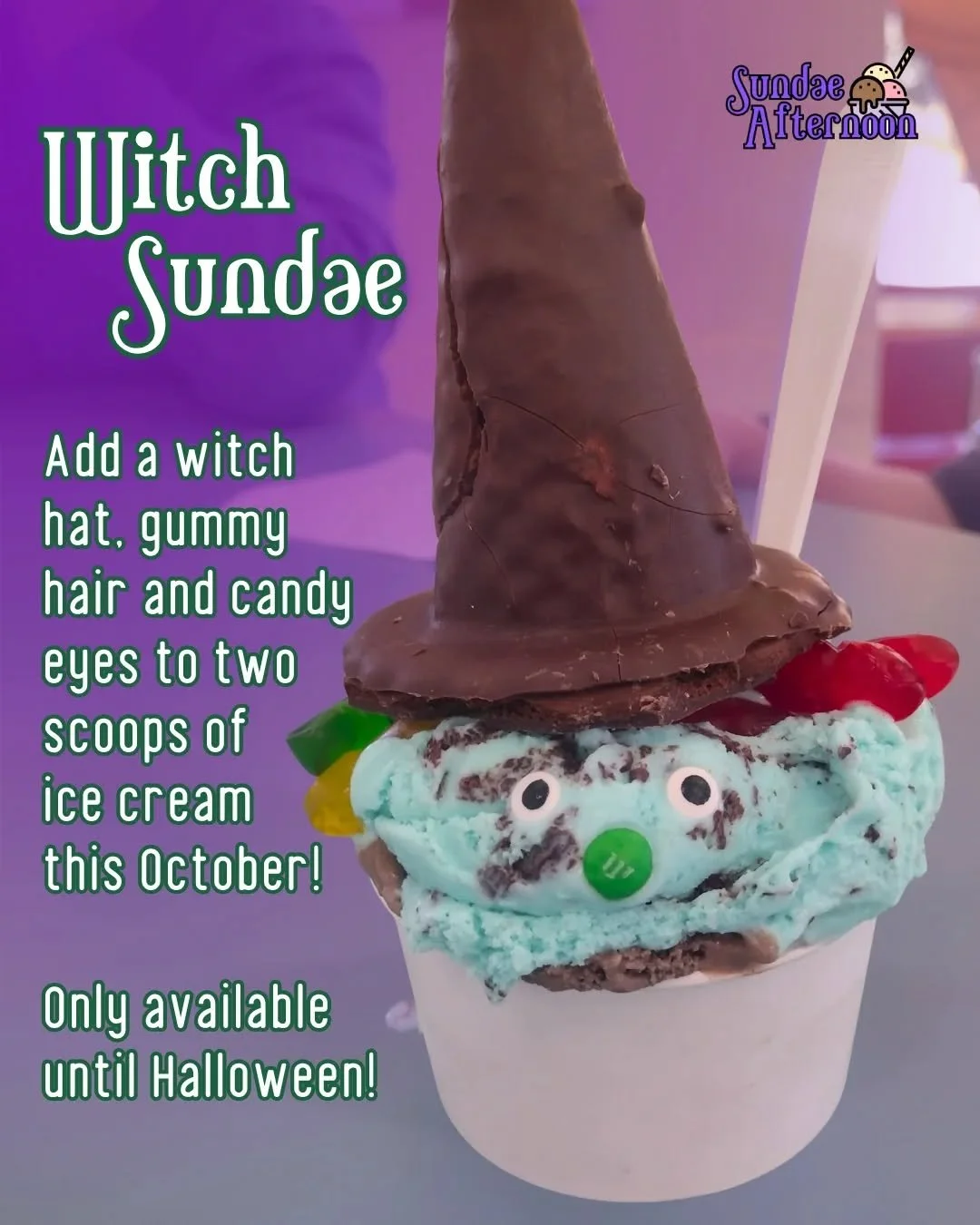 The spookiest thing on our menu this October is our Witch Sundae, made with two scoops of ice cream, gummy worm hair, candy eyes and a chocolate-dipped cone witch's hat! If you're feeling betwixt by this adorable treat, be sure you get yours soon (it