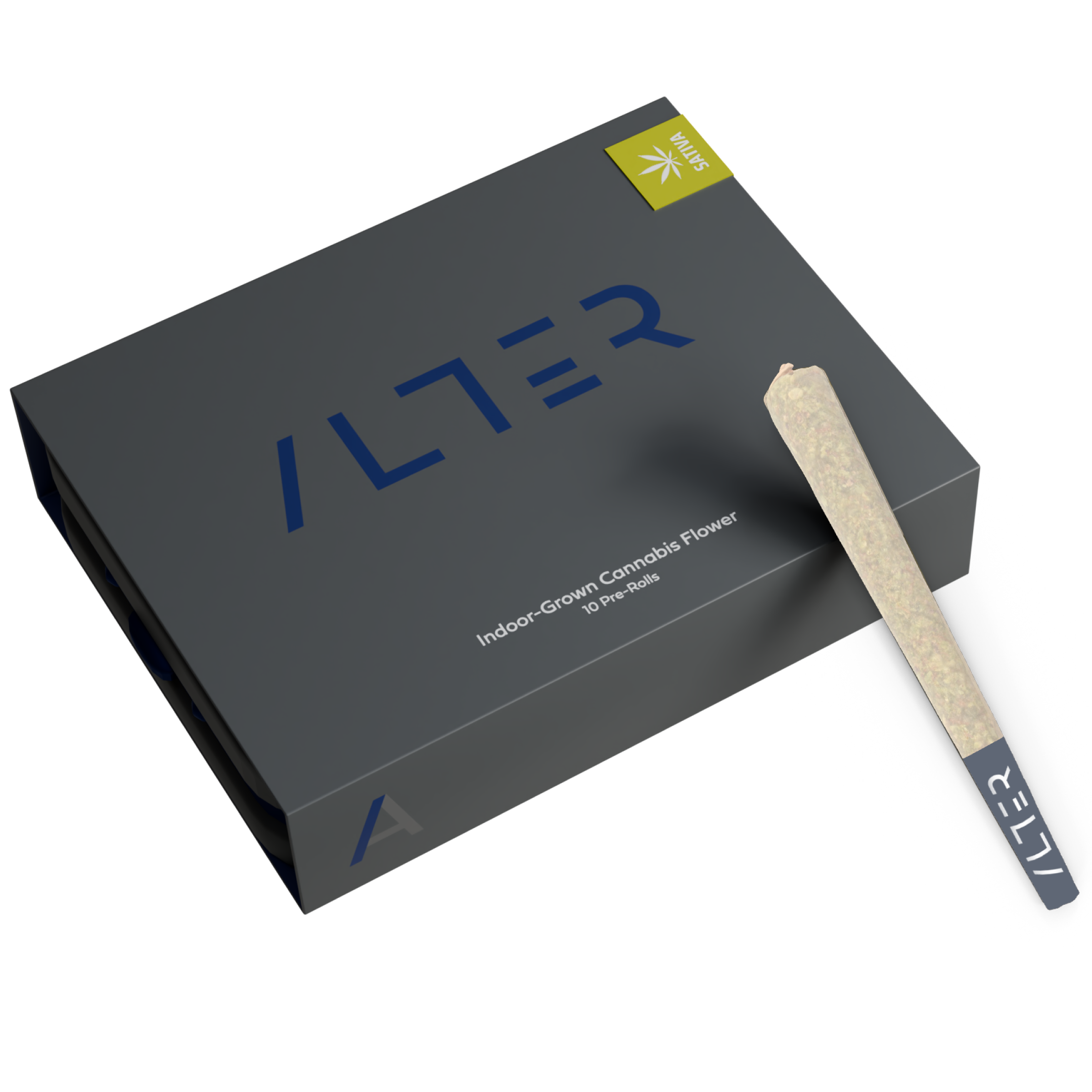 Box of 10 pre-rolled indoor cannabis flower labeled “Sativa,” featuring the strain “Amnesia Lemon Haze” in hazy yellow-green label.