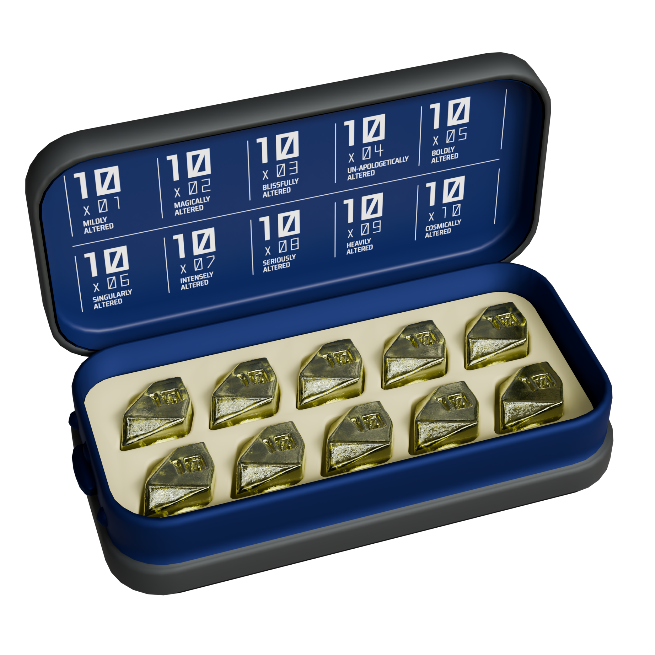 Open metal case of 10 ALTER Sour Lychee gummies (sleeve removed), each infused with 10mg THC and categorized as an sativa strain.