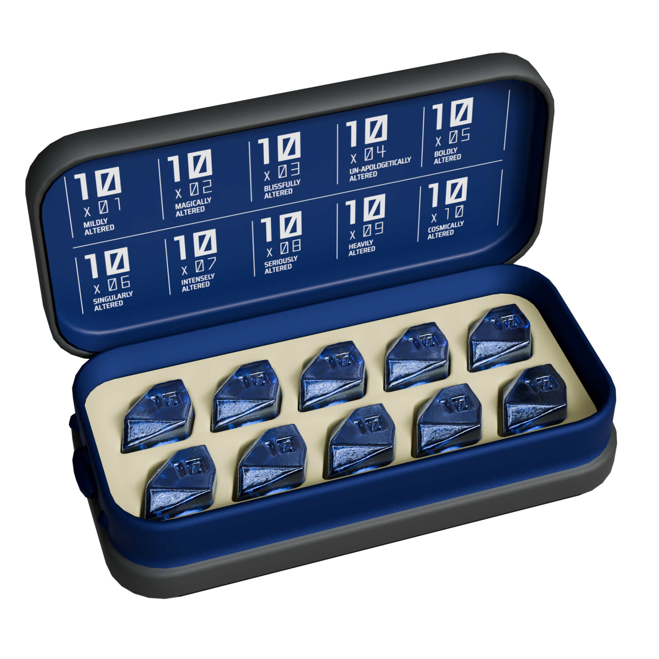 Open metal case of 10 ALTER Cool Mint gummies (sleeve removed), each infused with 10mg THC and categorized as an indica strain.