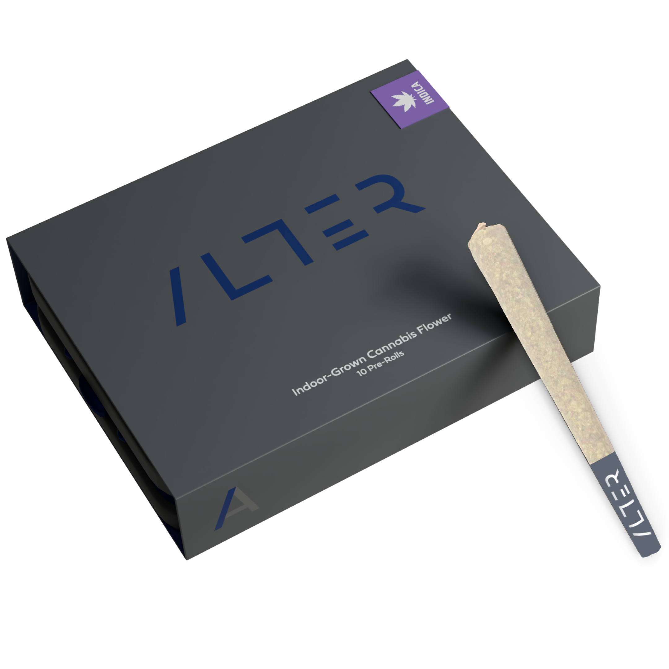 Box of 10 pre-rolled indoor cannabis flower labeled “Indica,” featuring the strain “Purple Cookie Dough” in purple label.