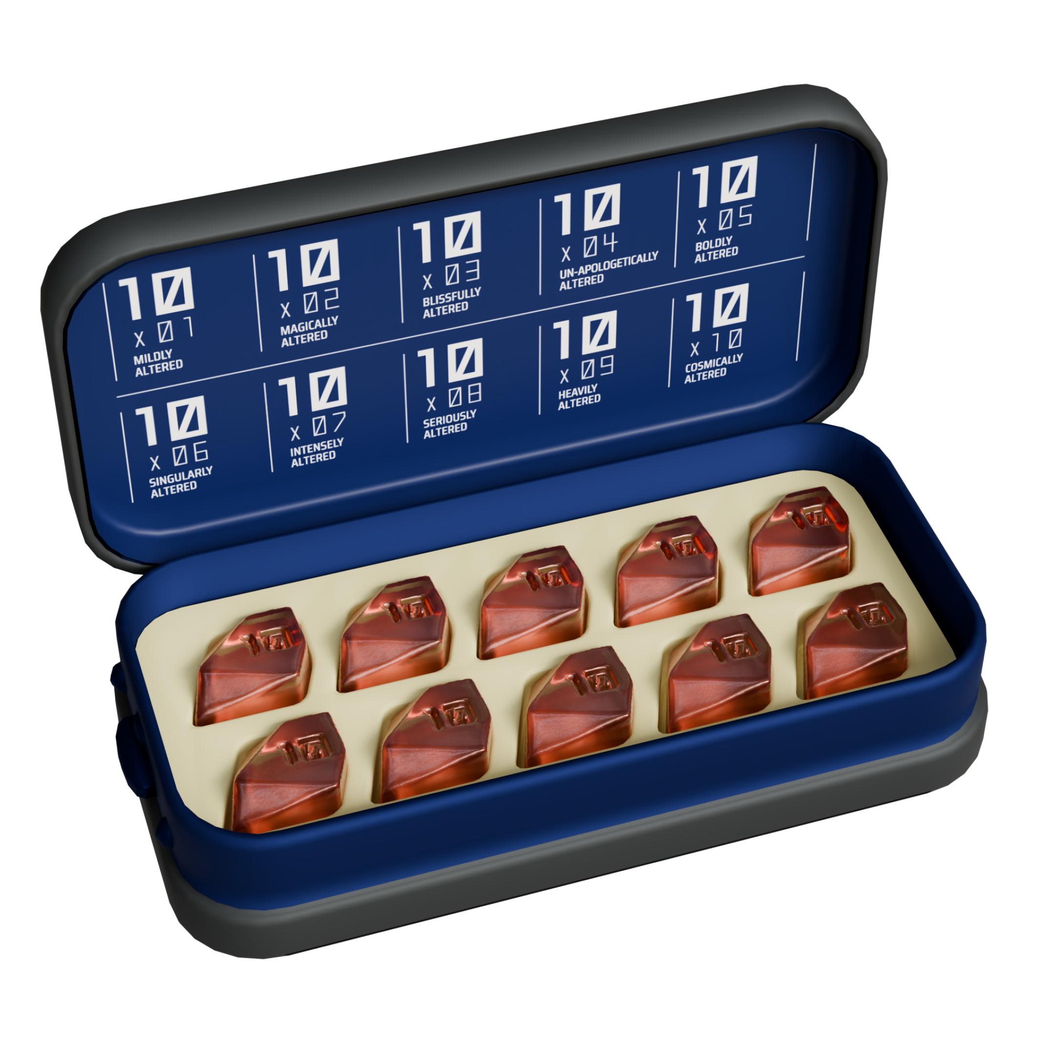 Open metal case of 10 ALTER Sweet Cantaloupe gummies (sleeve removed), each infused with 10mg THC and categorized as an indica strain.