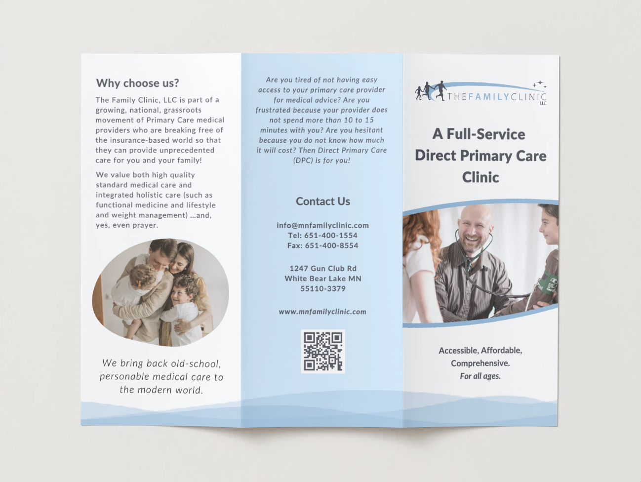 Tri-fold brochure for The Family Clinic, LLC, promoting full-service direct primary care clinic with contact information, address in White Bear Lake, MN, phone and fax numbers, website, QR code, and images of a doctor with a child and a family hugging.
