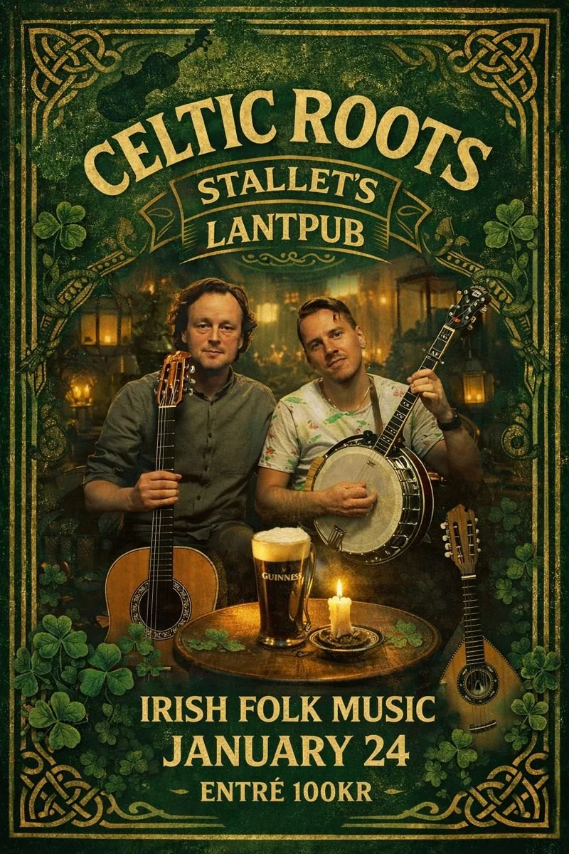 Postermedium för en irländsk folkmusik-Afton den 24 januari på Celtic Roots Stallets Lantpub, med två män som spelar gitarr och banjo, en öl, en liten ljuslykta och shamrocktvist.