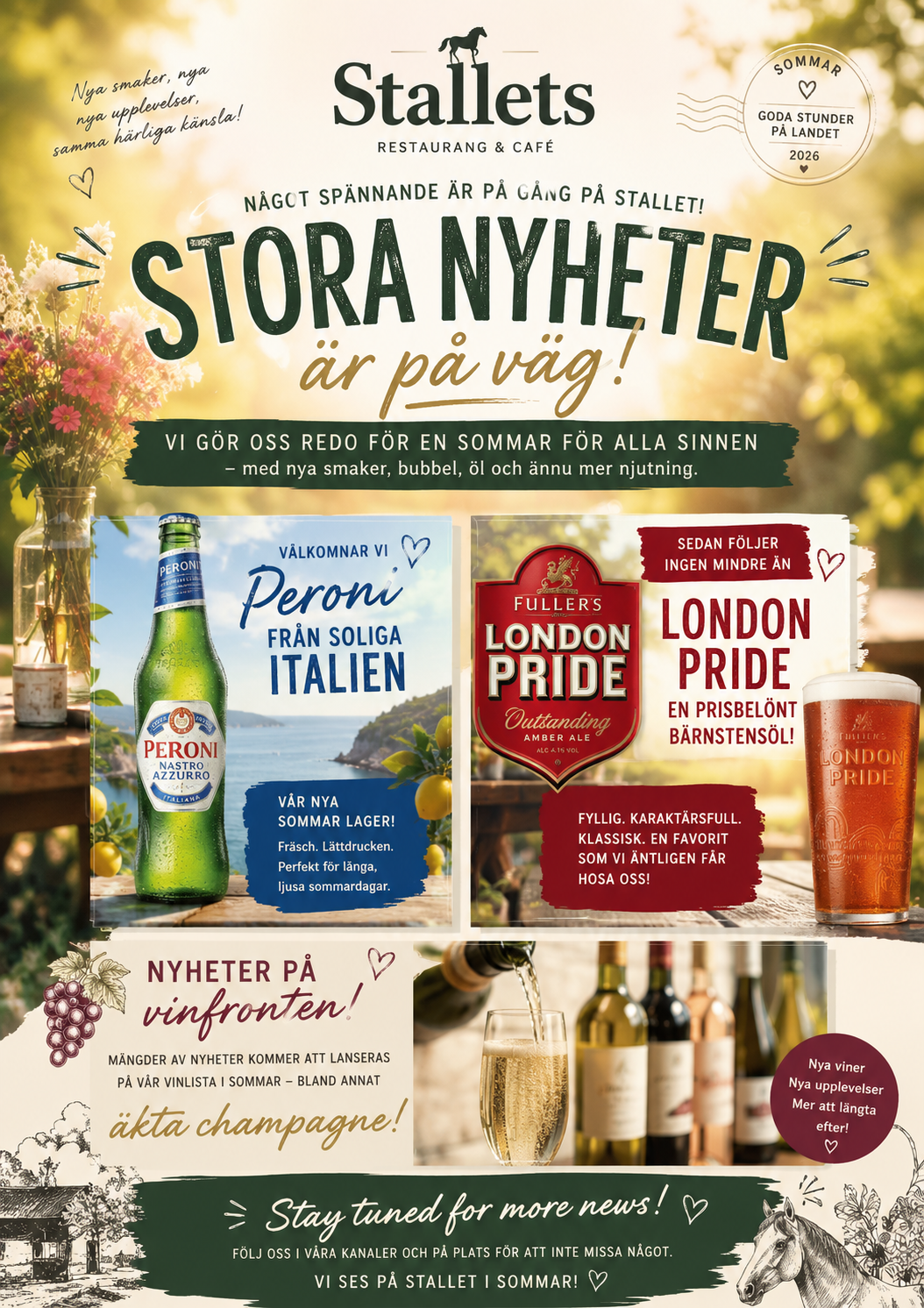 En affish för Stallets restaurang och café, med nyheter om sommarens öl och vin, inklusive Peroni från Italien och London Pride. Affischen har bilder av öl och vin samt bakgrund med sommarlandskap och blommor.
