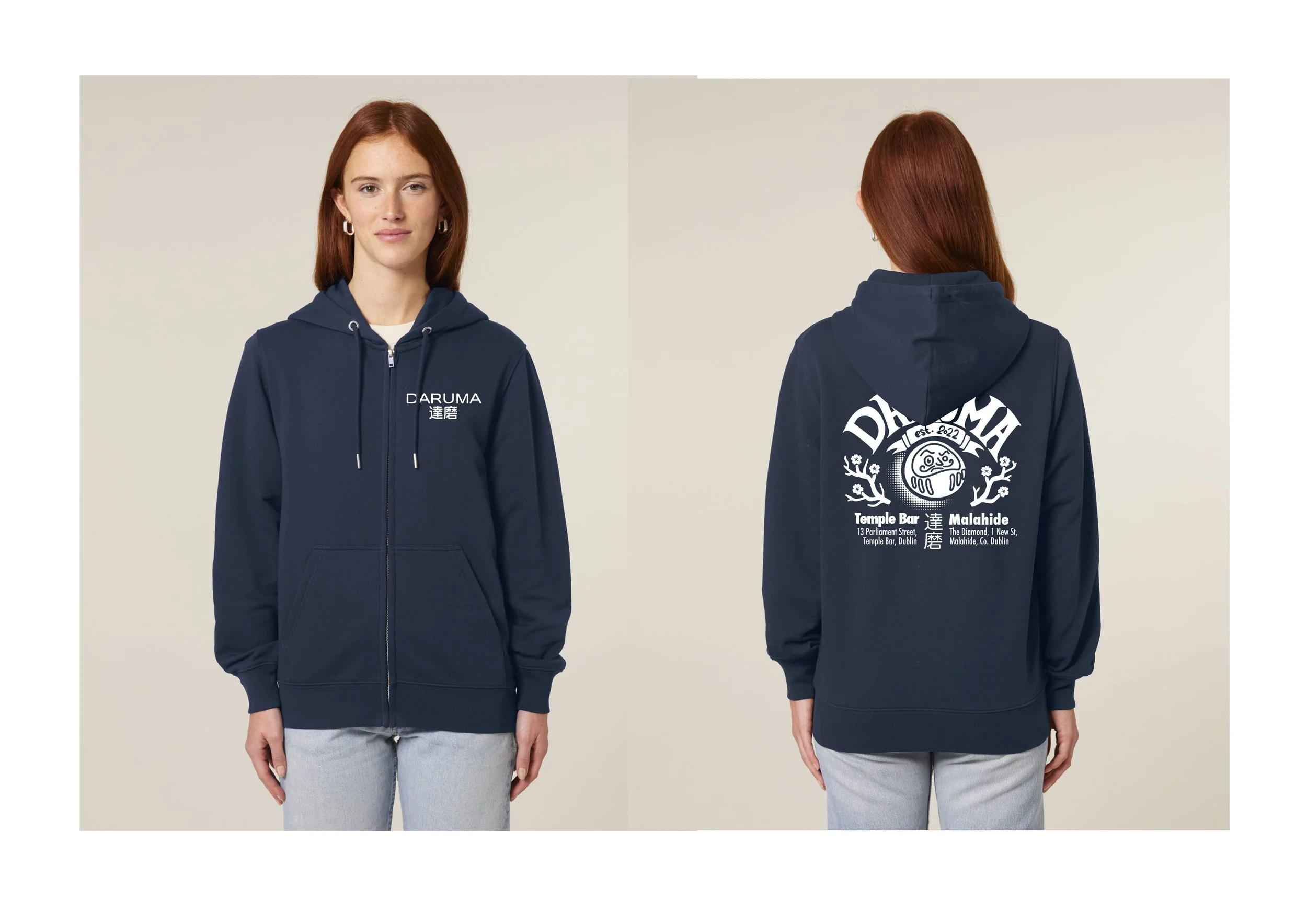 Front and back view of a person wearing a navy blue zip-up hoodie. The front has "Daruma" text, and the back features a larger design with "Daruma," a graphic, and text about Temple Bar and Malahide locations.