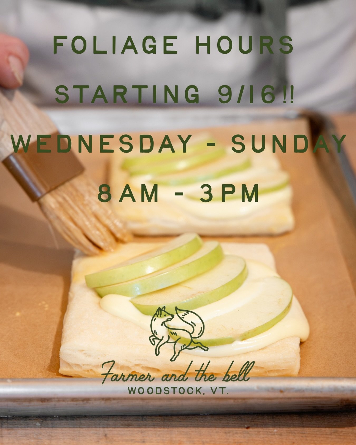 New foliage hours start this week! We&rsquo;ll be open Wednesday - Sunday, 8am - 3pm. 

Our fall menu rolls out this week as well with breakfast sandwiches, apple cider donuts and some lovely pastries that you&rsquo;ll wonder where they&rsquo;ve been
