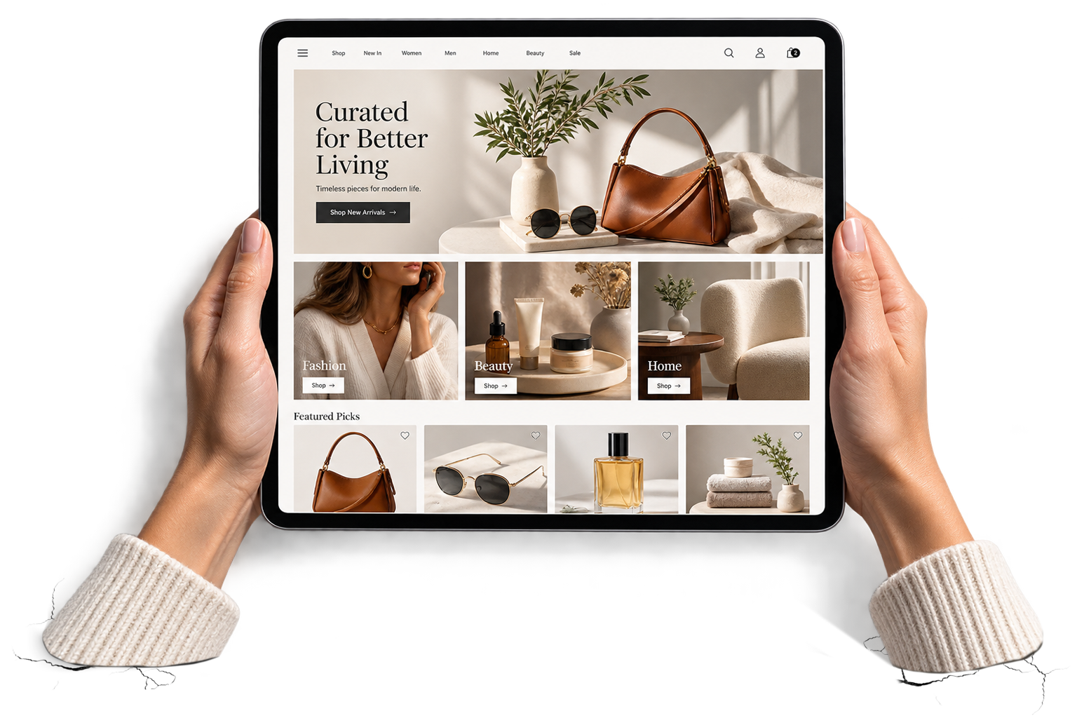 Hands holding a tablet showing an online store with home decor, fashion, beauty, and home products displayed.